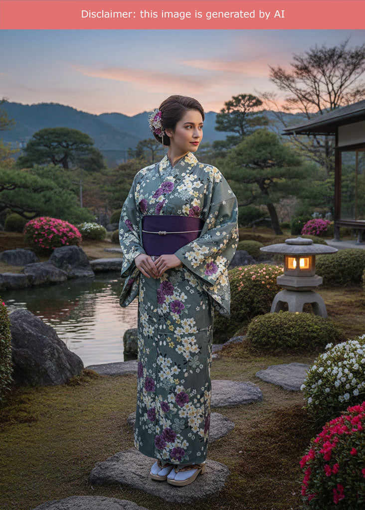 Japanese Women's Traditional Yukata Kimono - Cherry Blossoms in Green