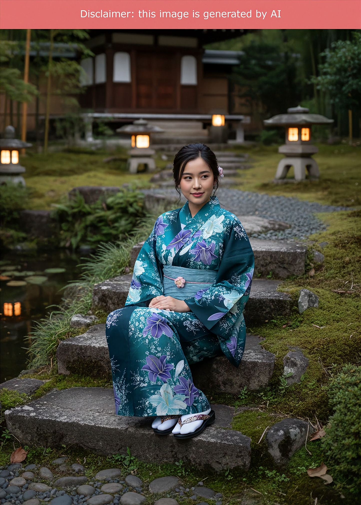 Yukata Kimono - Blue and Purple Lilies in Green (Style #2678)