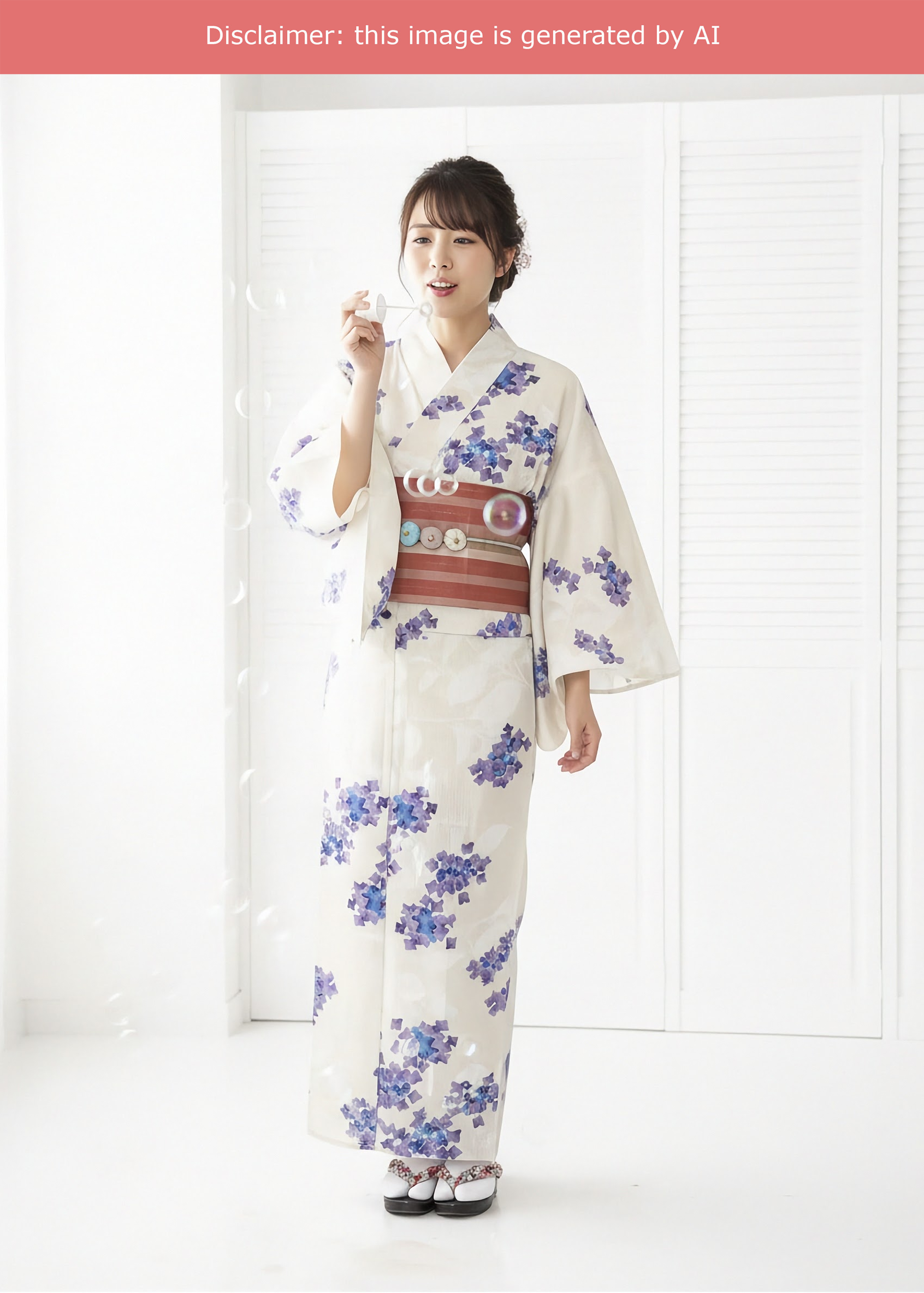Traditional Japanese Summer Yukata Kimono - Purple Hydrangea in Cream