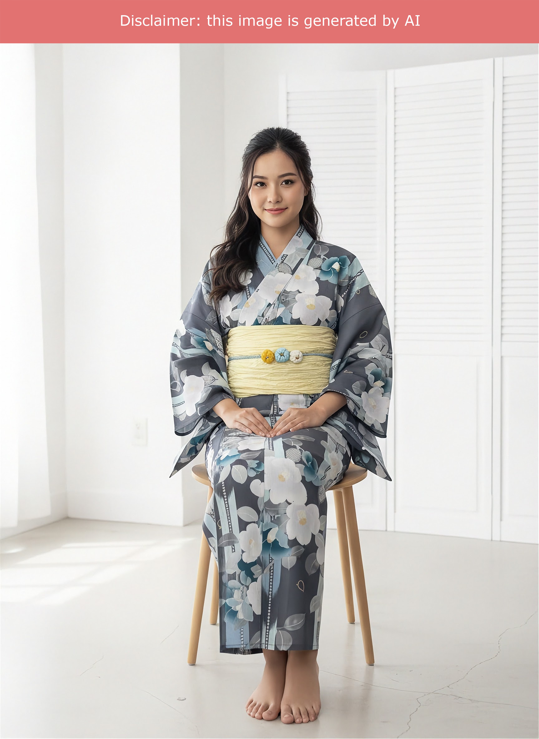 Traditional Japanese Summer Yukata Kimono - Green Camellia in Gray