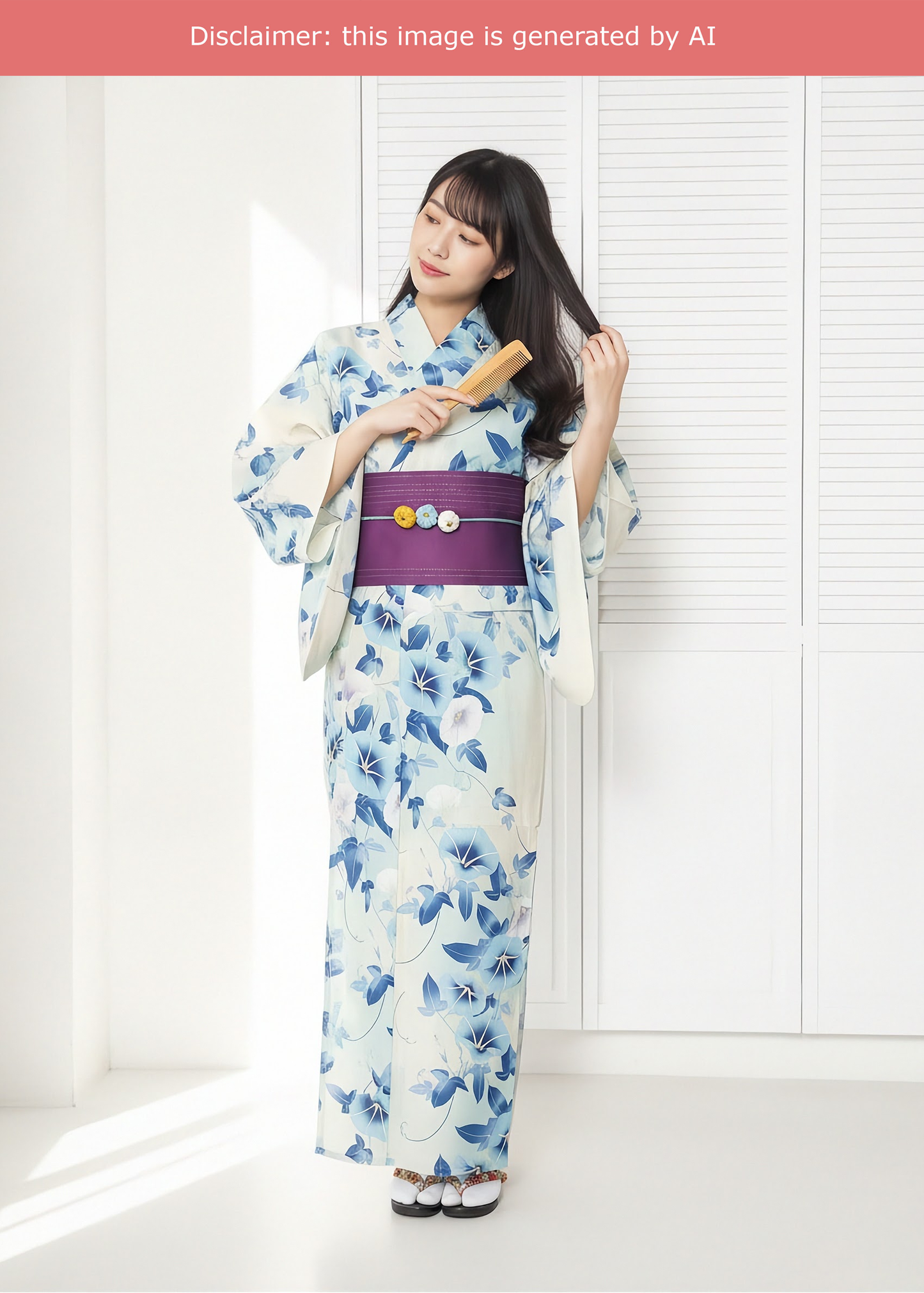 Traditional Japanese Summer Yukata Kimono - Blue Morning Glory Cream