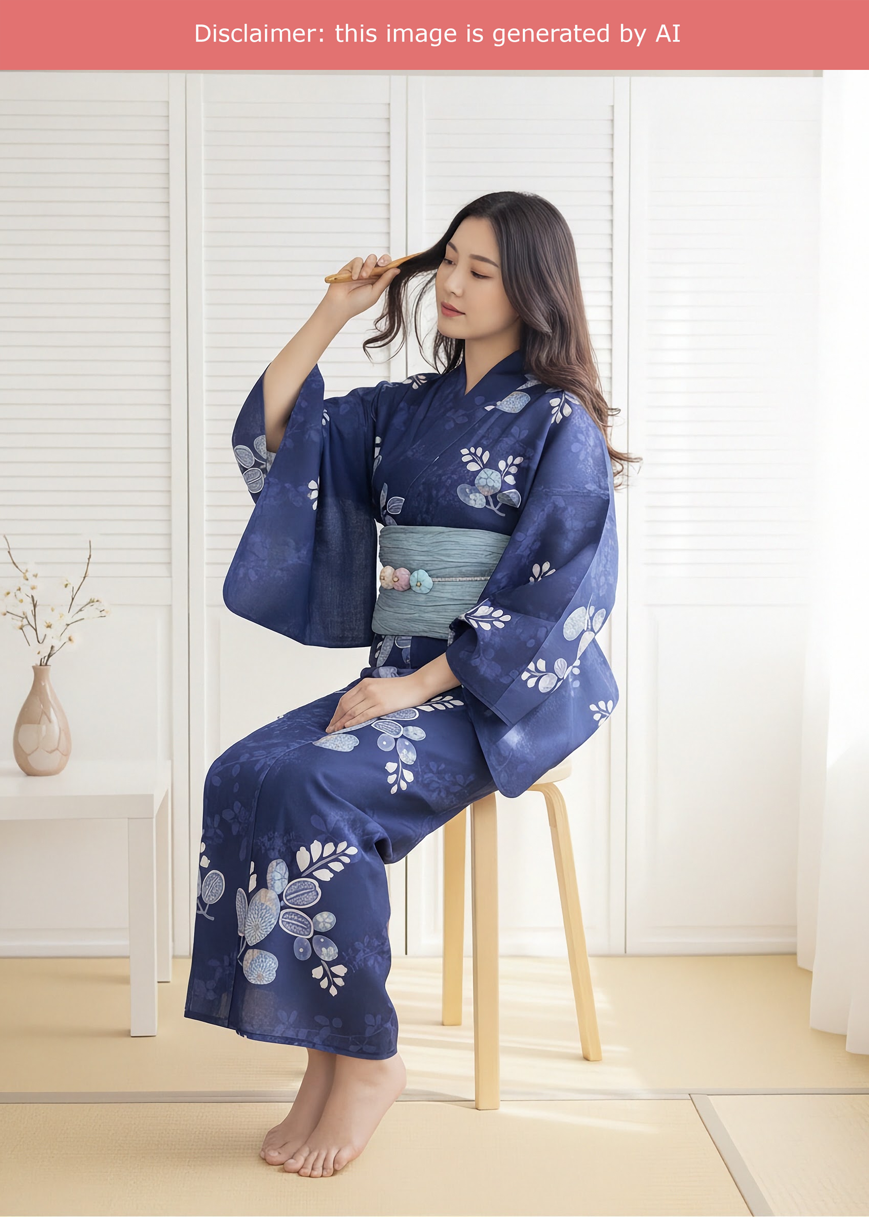 Traditional Japanese Women's Summer Yukata Kimono - Blue Hagi