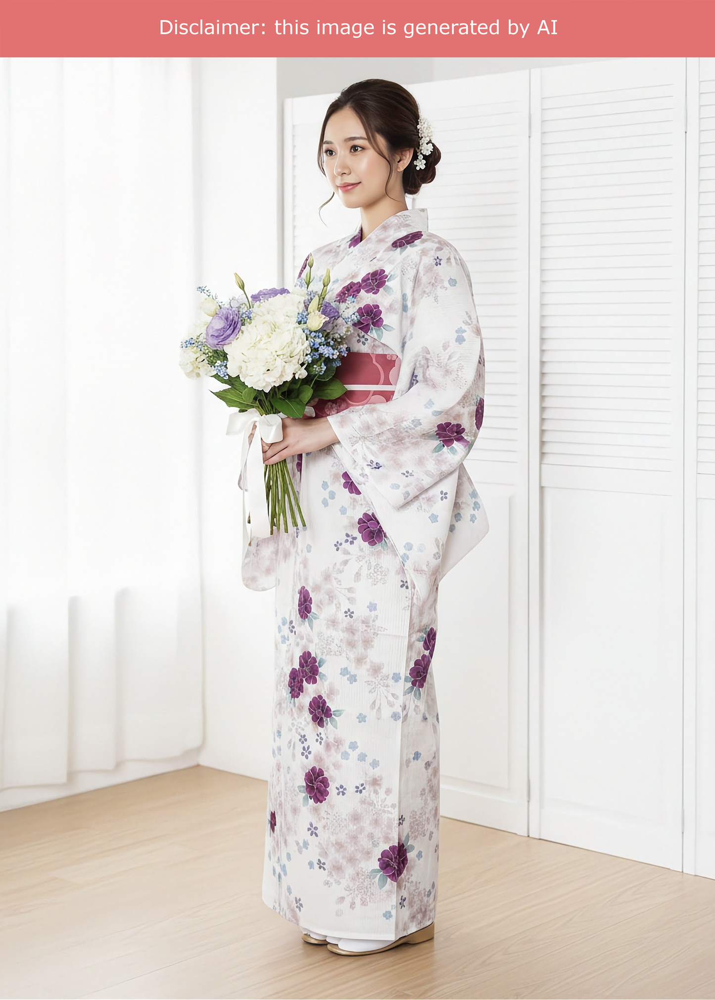 Yukata Kimono Plus Size - Magenta Peonies and Cherry Blossom in White (Style #1027)