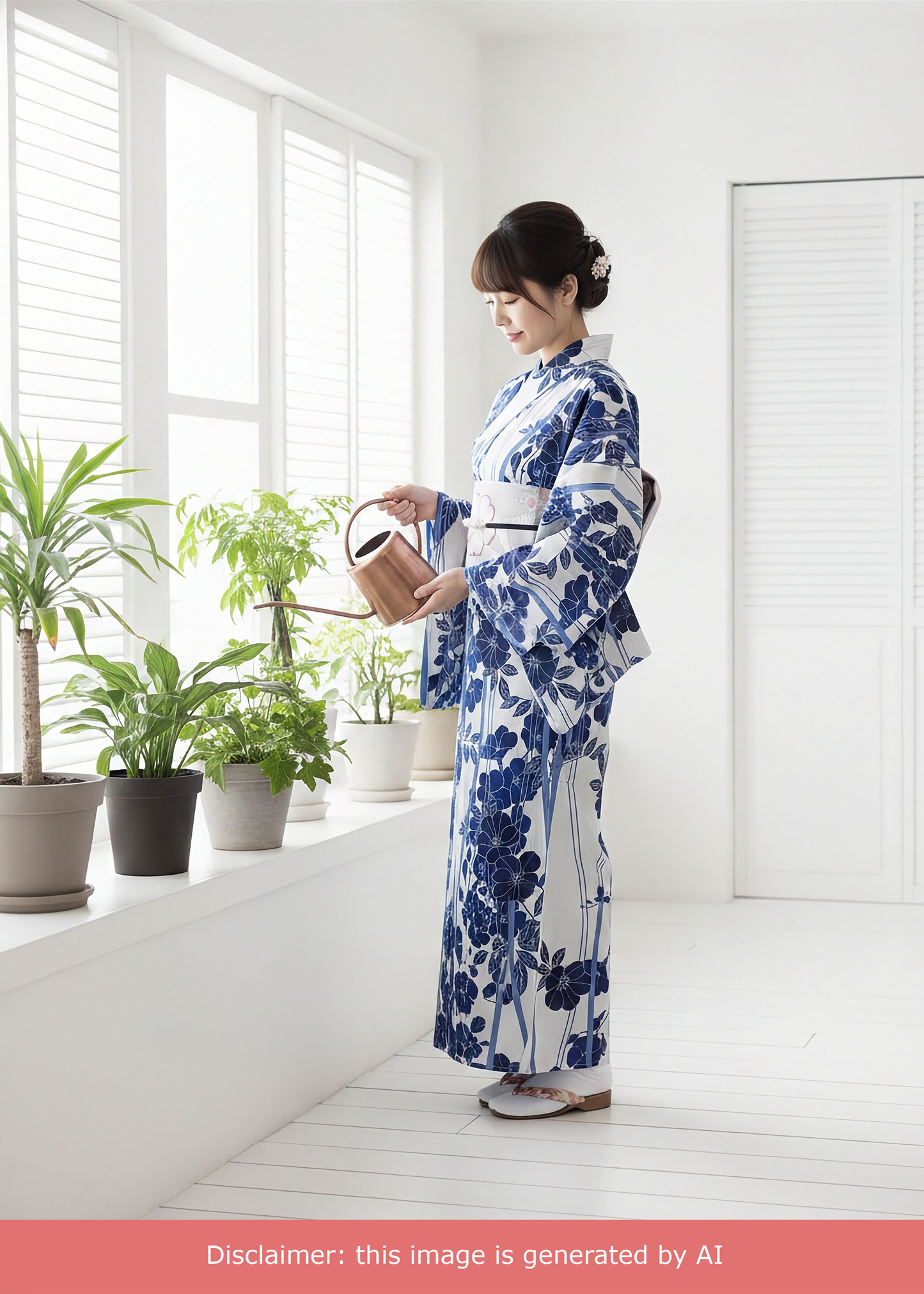 Yukata Kimono Plus Size - Dark Blue Clematis in White (Style #1016)