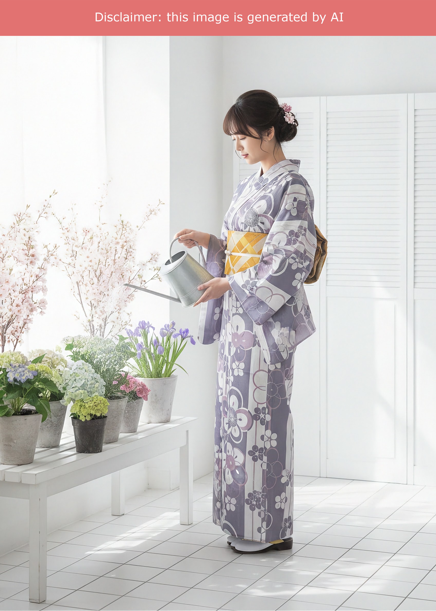 Yukata Kimono Plus Size - Cherry Blossom and Plum Blossom in Striped Plum (Style #1019)