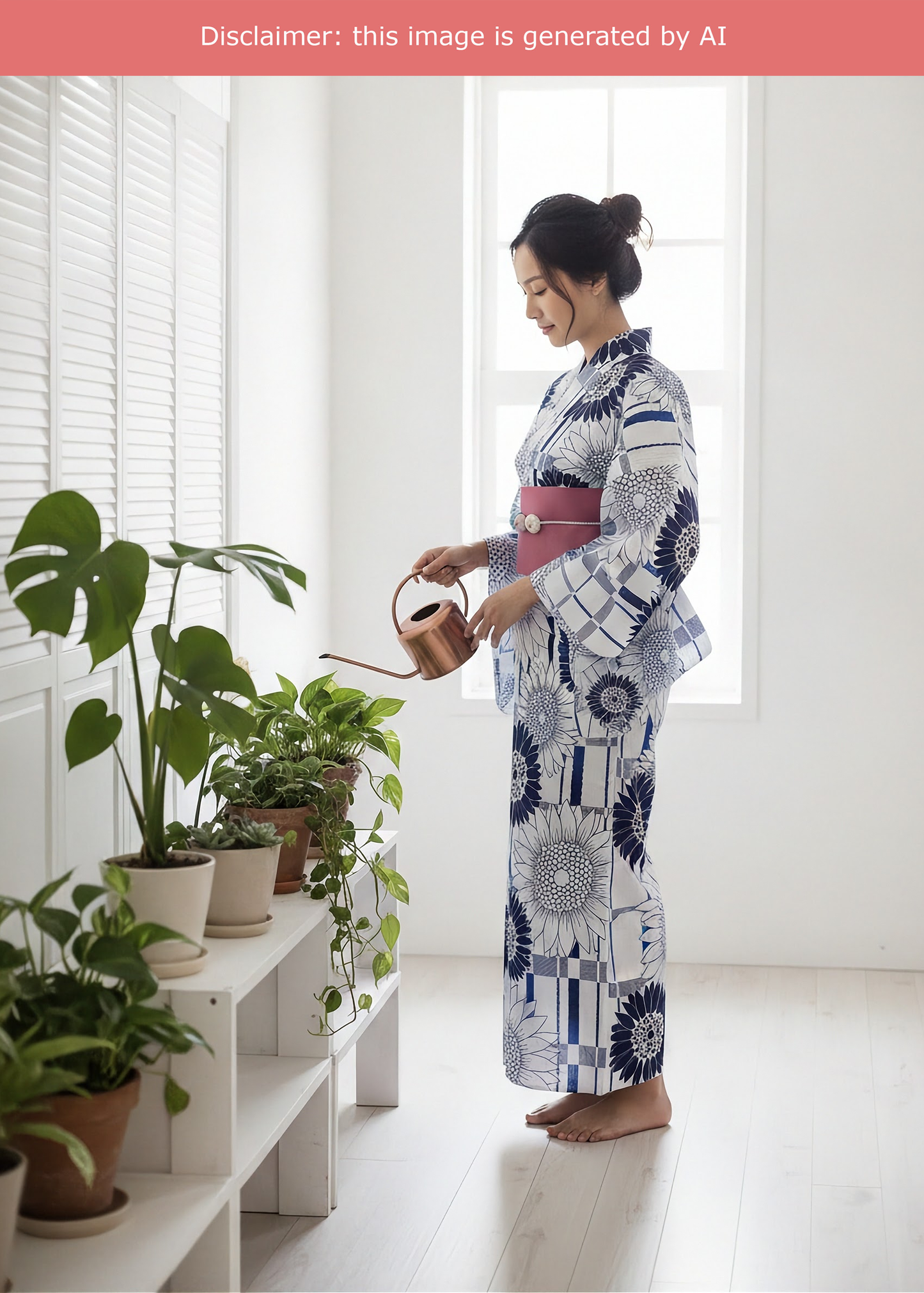 Japanese Traditional Yukata Kimono Plus - Blue Sunflowers in White