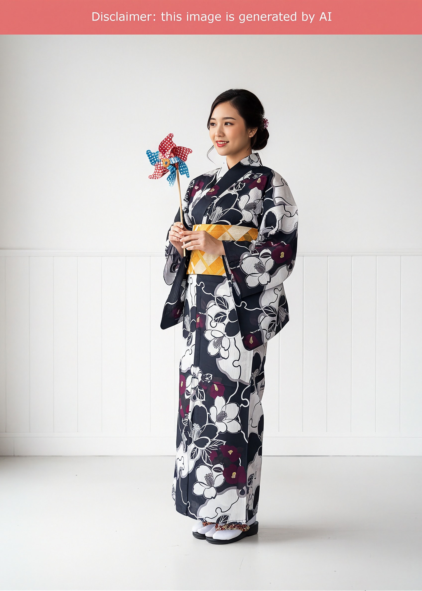 Woman in a floral kimono holding a colorful windmill against a white background