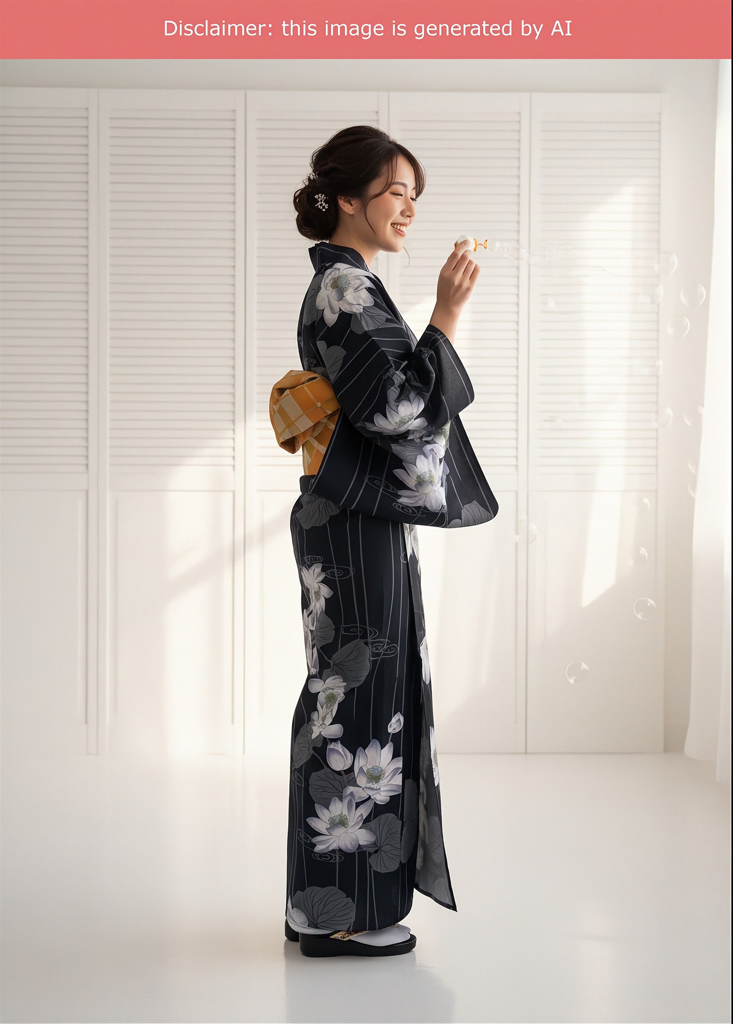 Japanese Traditional Women's Cotton Yukata Kimono - Lotus in Black