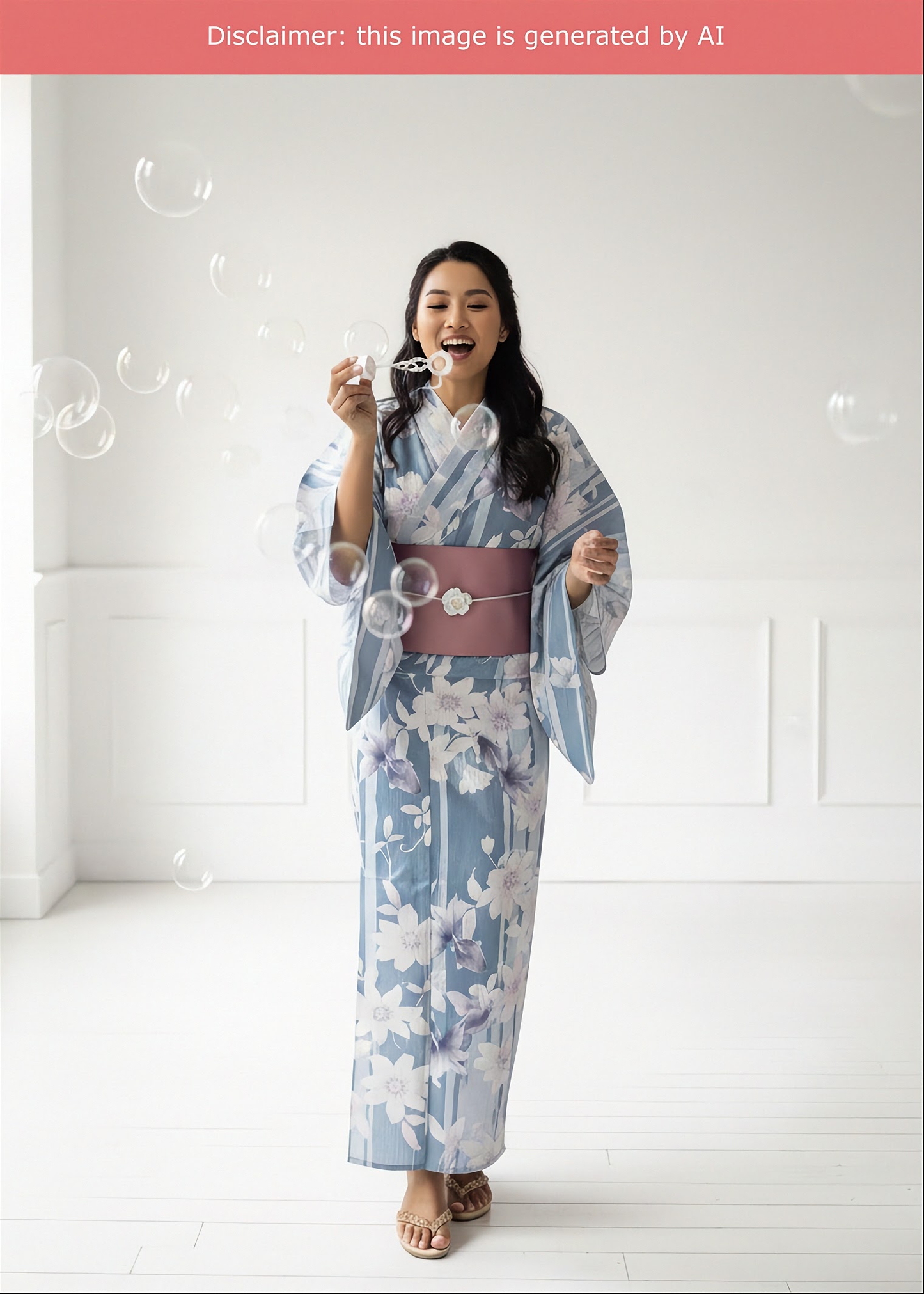 Yukata Kimono - Goldfish and Clematis in Striped Blue (Style #2683)