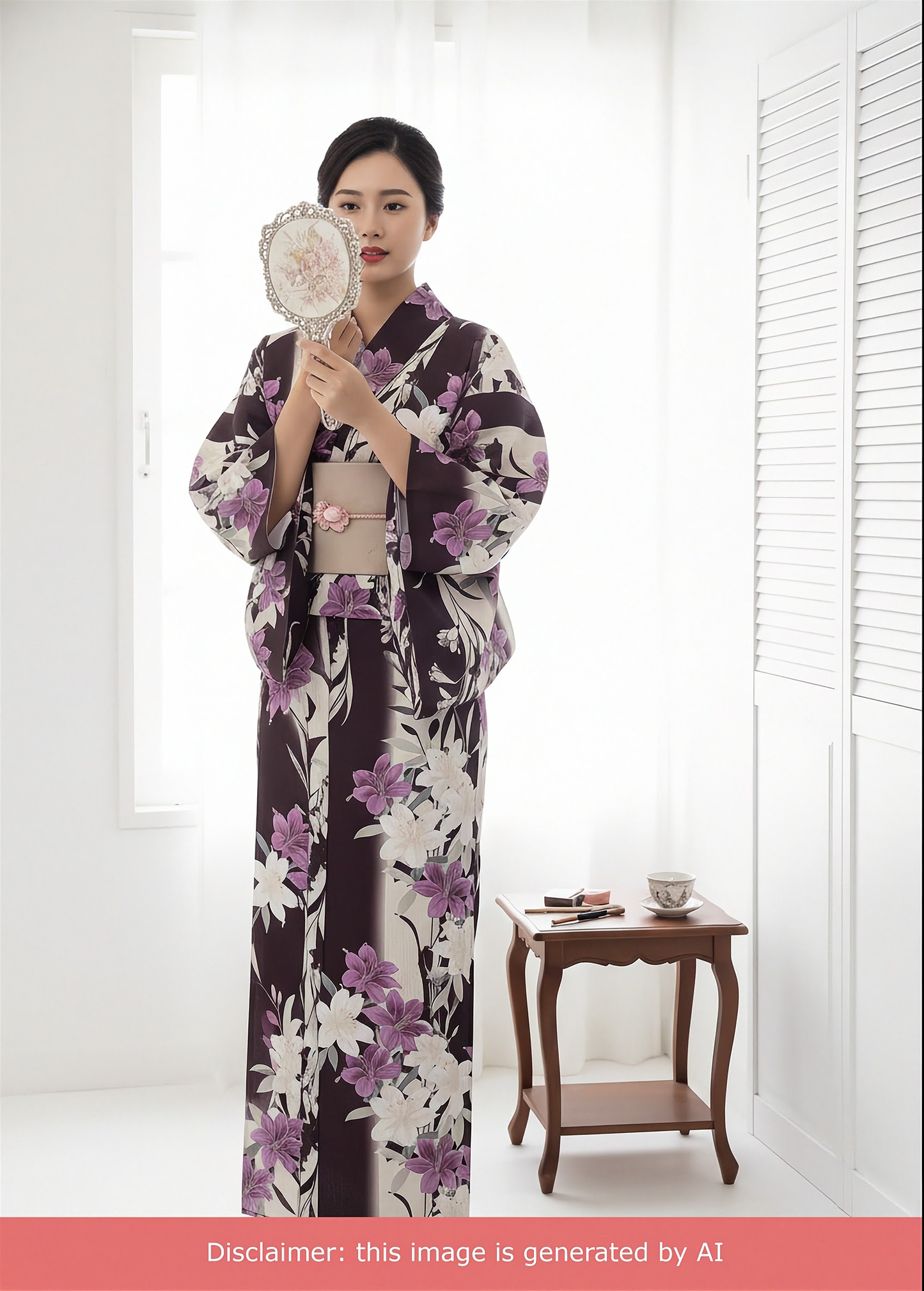 Yukata Kimono - Pink Lilies in Dark Maroon (Style #2685)