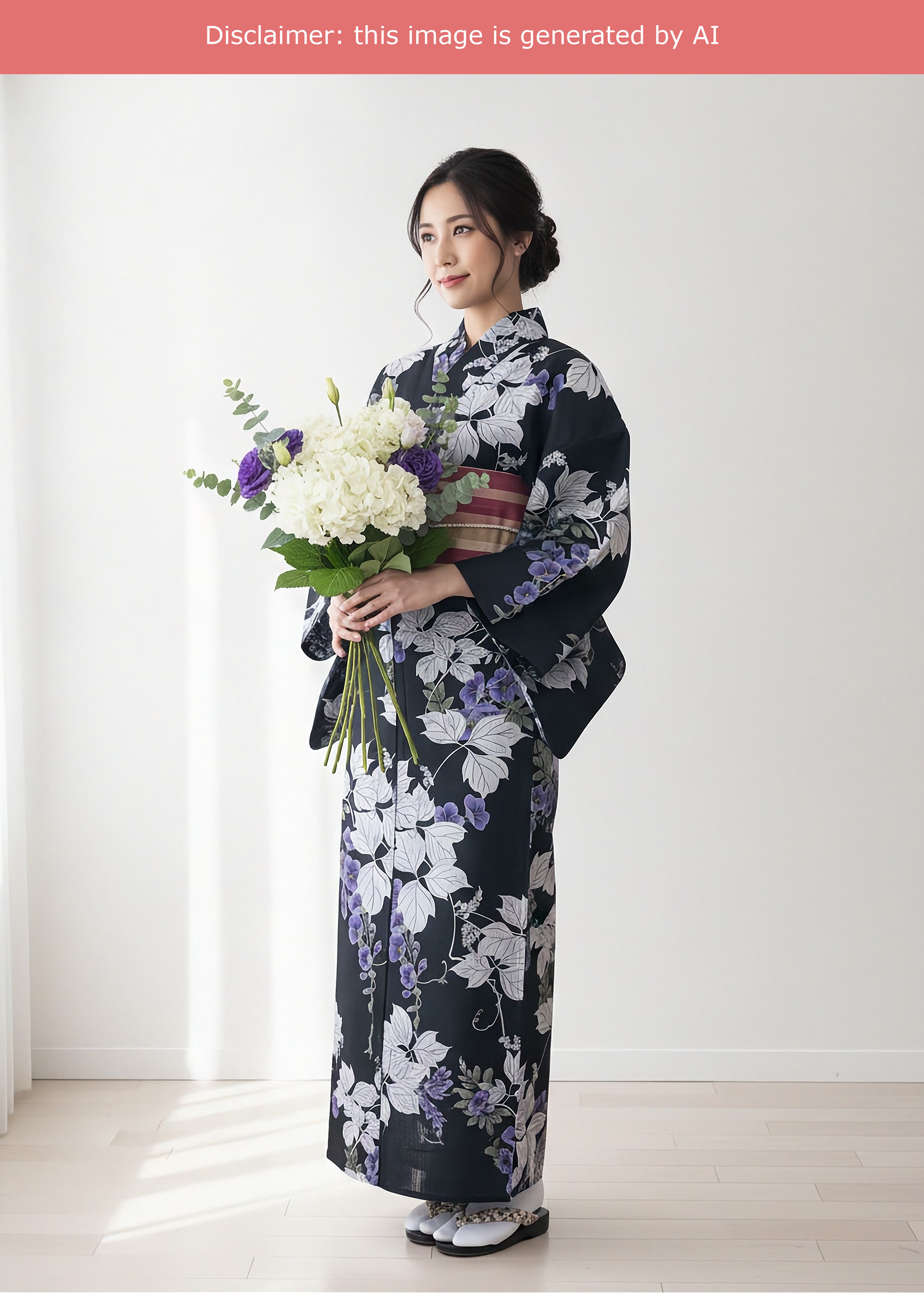 Japanese Women's Summer Yukata Kimono - Purple Kudzu in Black