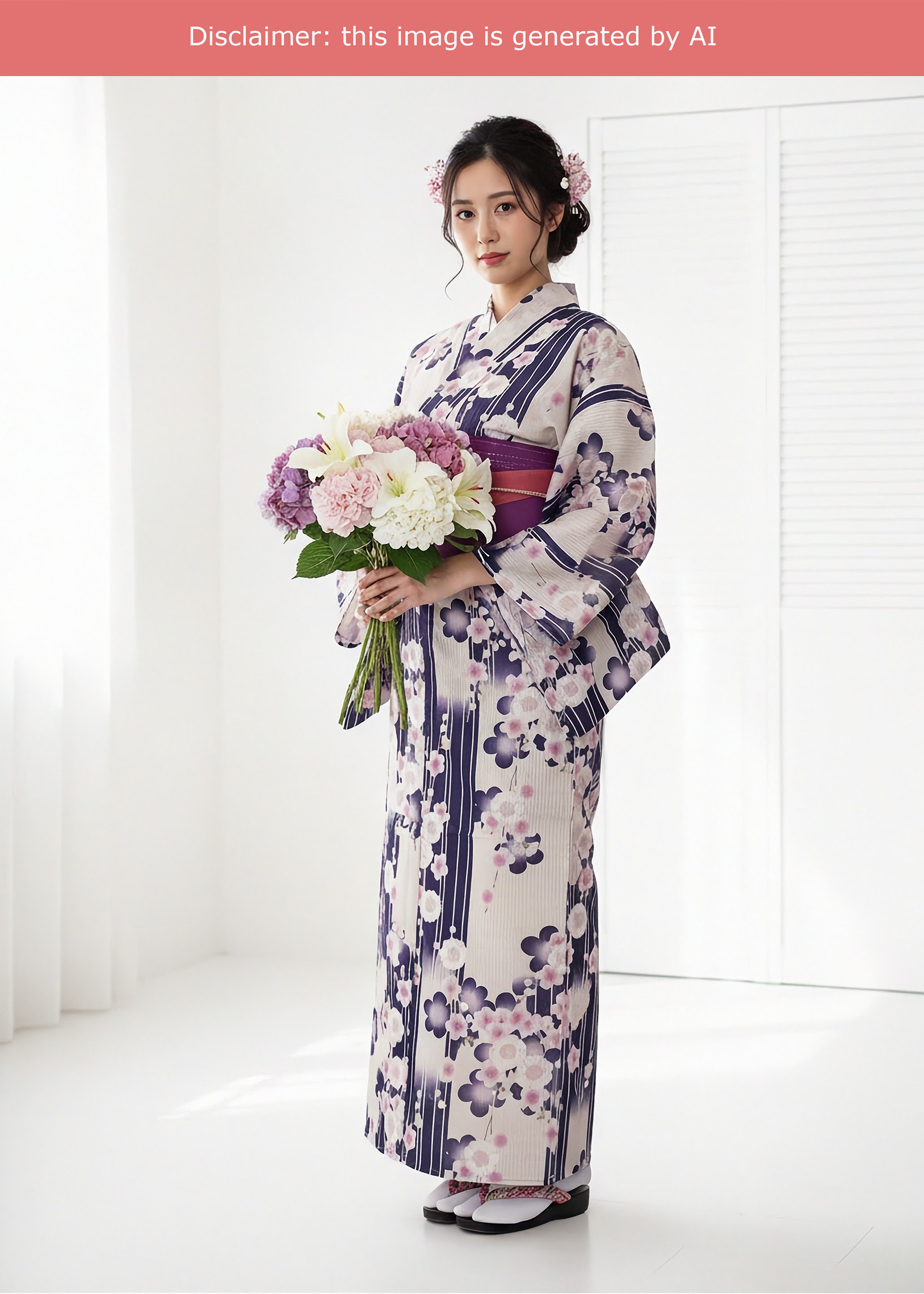 Japanese Women's Yukata Kimono - Pink Plum Blossom in Purple Off White