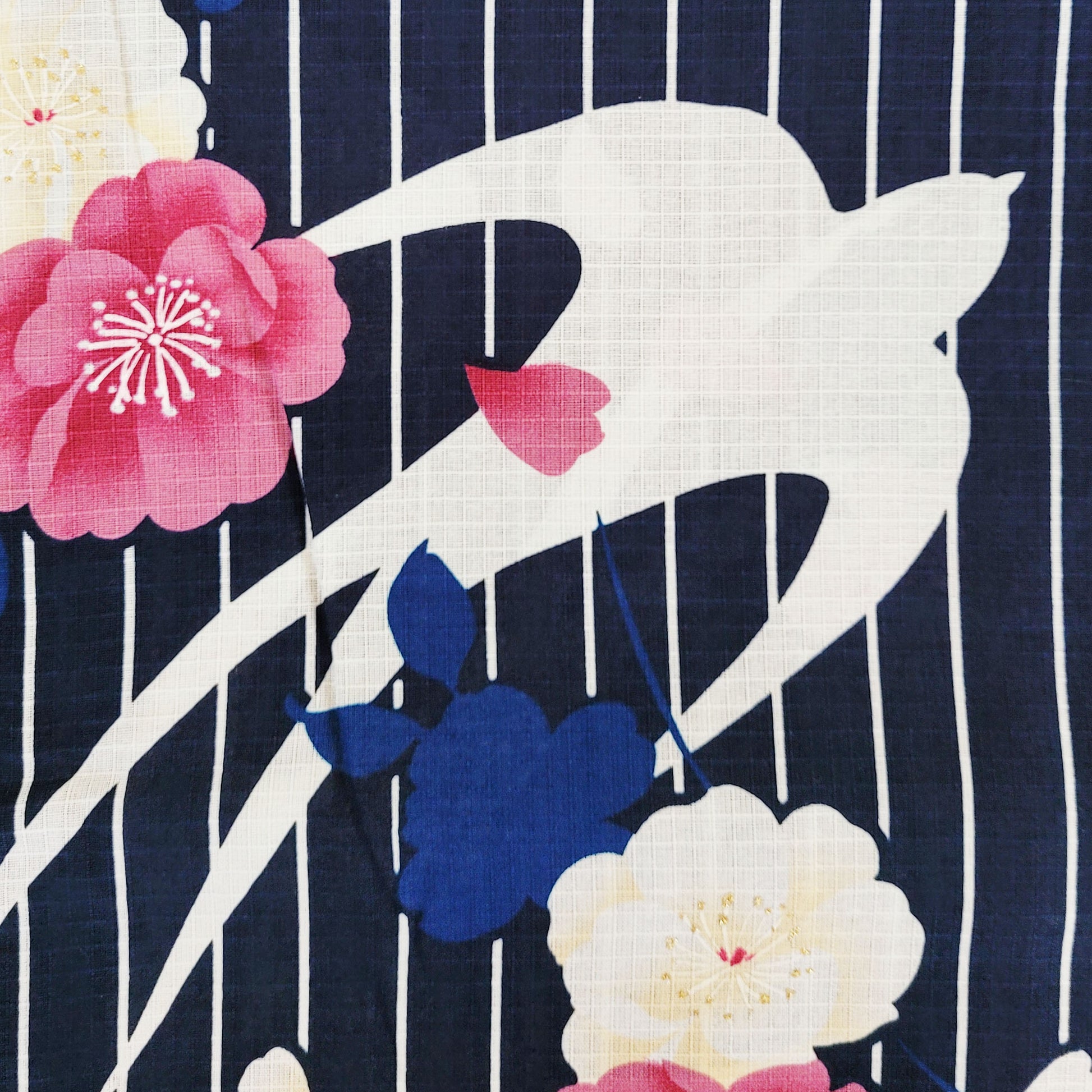 Yukata Kimono - Swallows and Flowers in Navy Blue Stripes