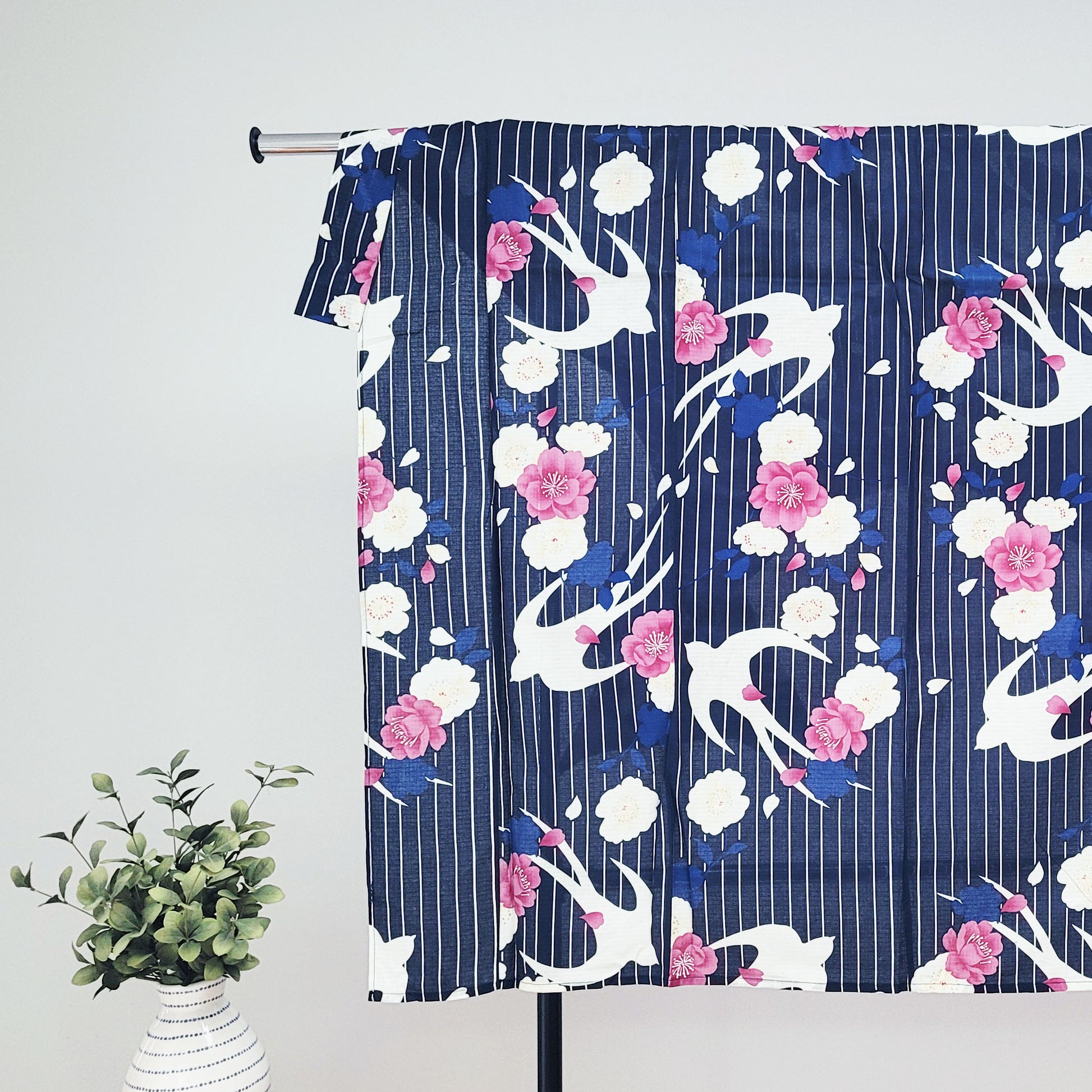 Yukata Kimono - Swallows and Flowers in Navy Blue Stripes