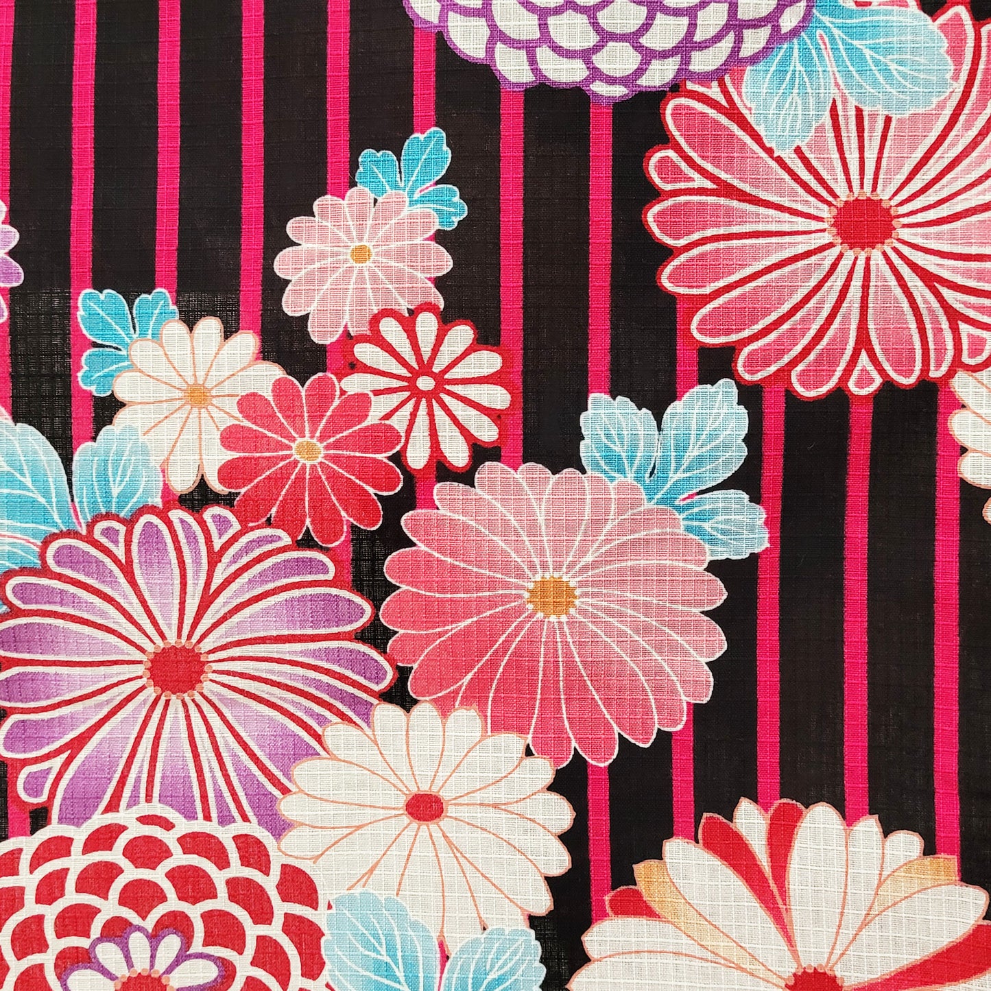 Yukata Kimono Japanese Flowers in Pink and Black Stripes