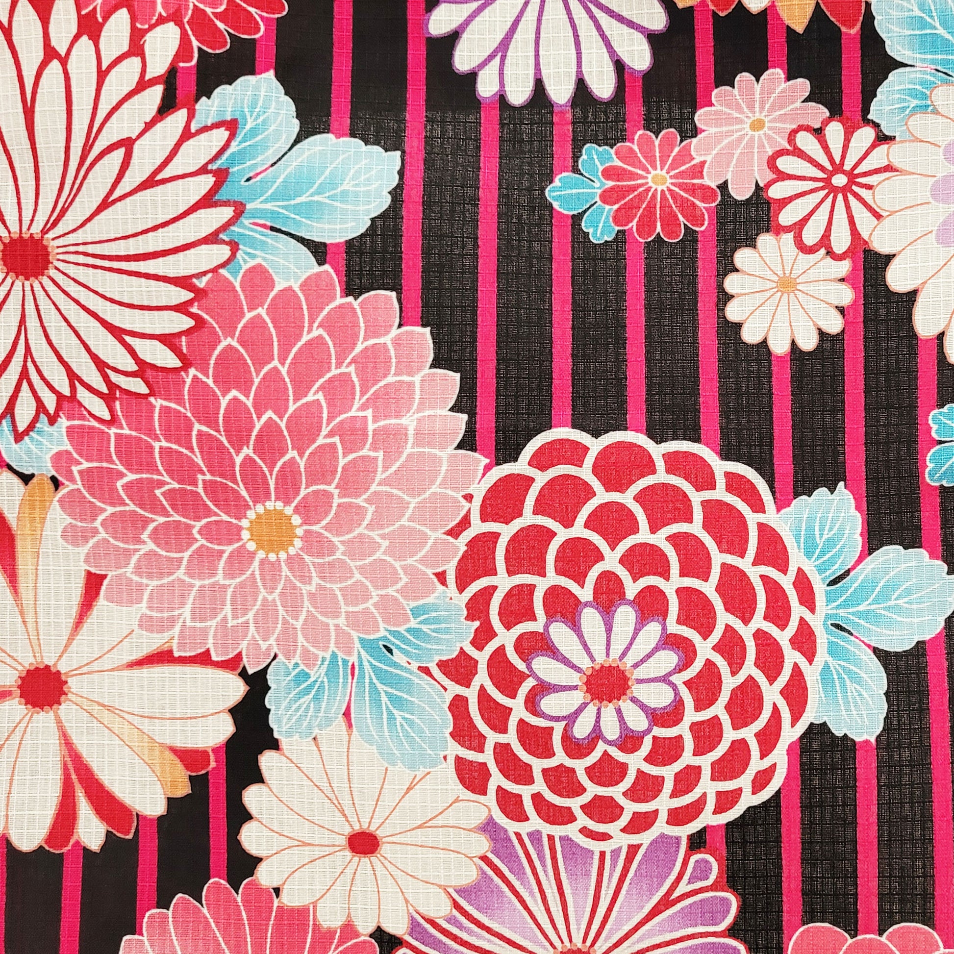 Yukata Kimono Japanese Flowers in Pink and Black Stripes