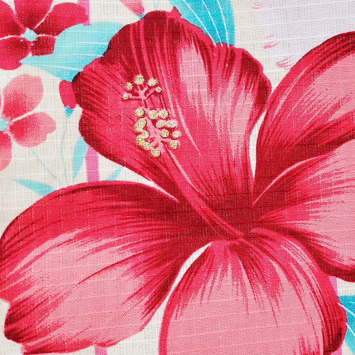 Yukata Kimono - Pink Hibiscus Flowers in Beige