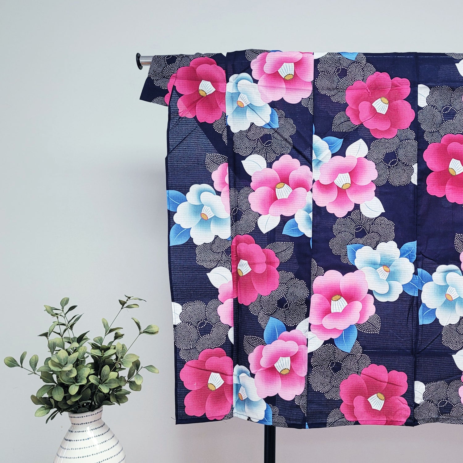 Yukata Kimono - Pink and Blue Camellias in Dark Blue 