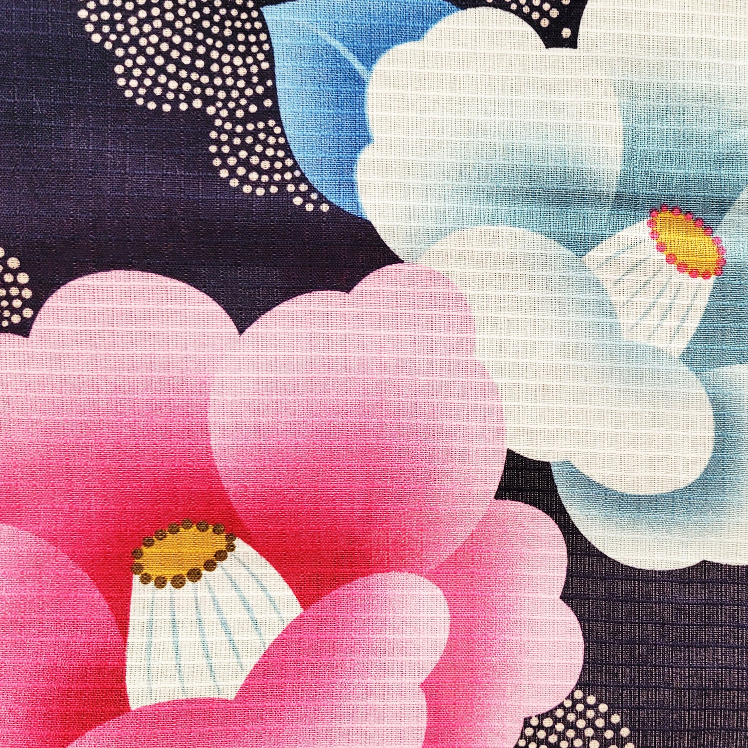 Yukata Kimono - Pink and Blue Camellias in Dark Blue 