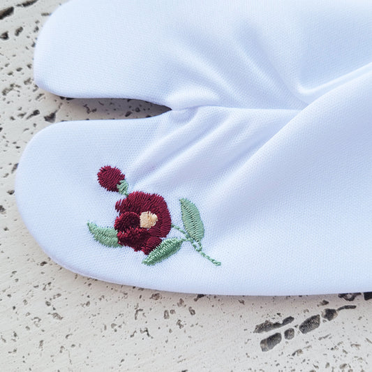 Japanese Tabi Socks with Red Camellia Flowers Embroidery in White