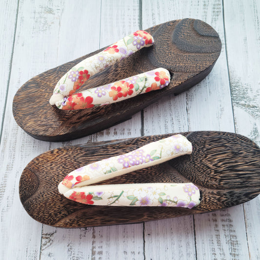 Japanese Geta Sandals for Women - Beige Cherry Blossoms and Plum Blossoms