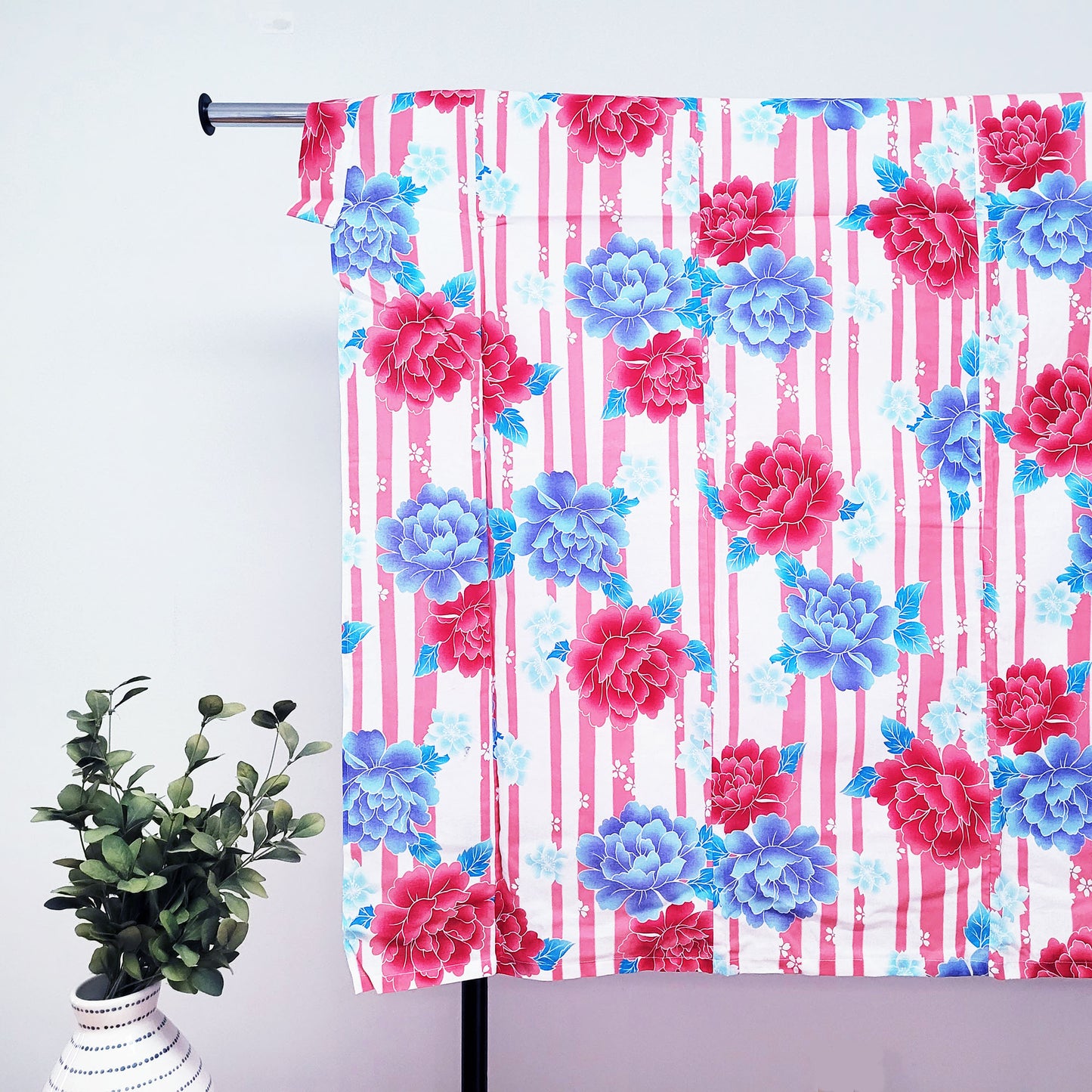 Japanese Yukata Kimono - Blue and Red Peony Flowers in White and Pink Stripes