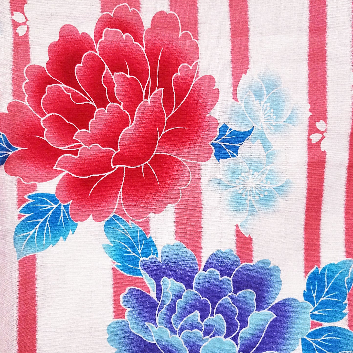 Yukata Kimono - Blue and Red Peony Flowers in White and Pink Stripes (Style #2467) ( Discontinued )