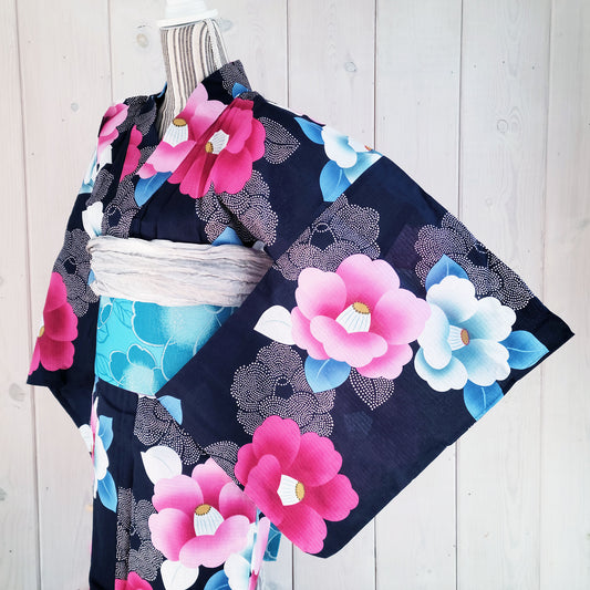 Women's Japanese Yukata Kimono - Pink and Blue Camellias in Dark Blue