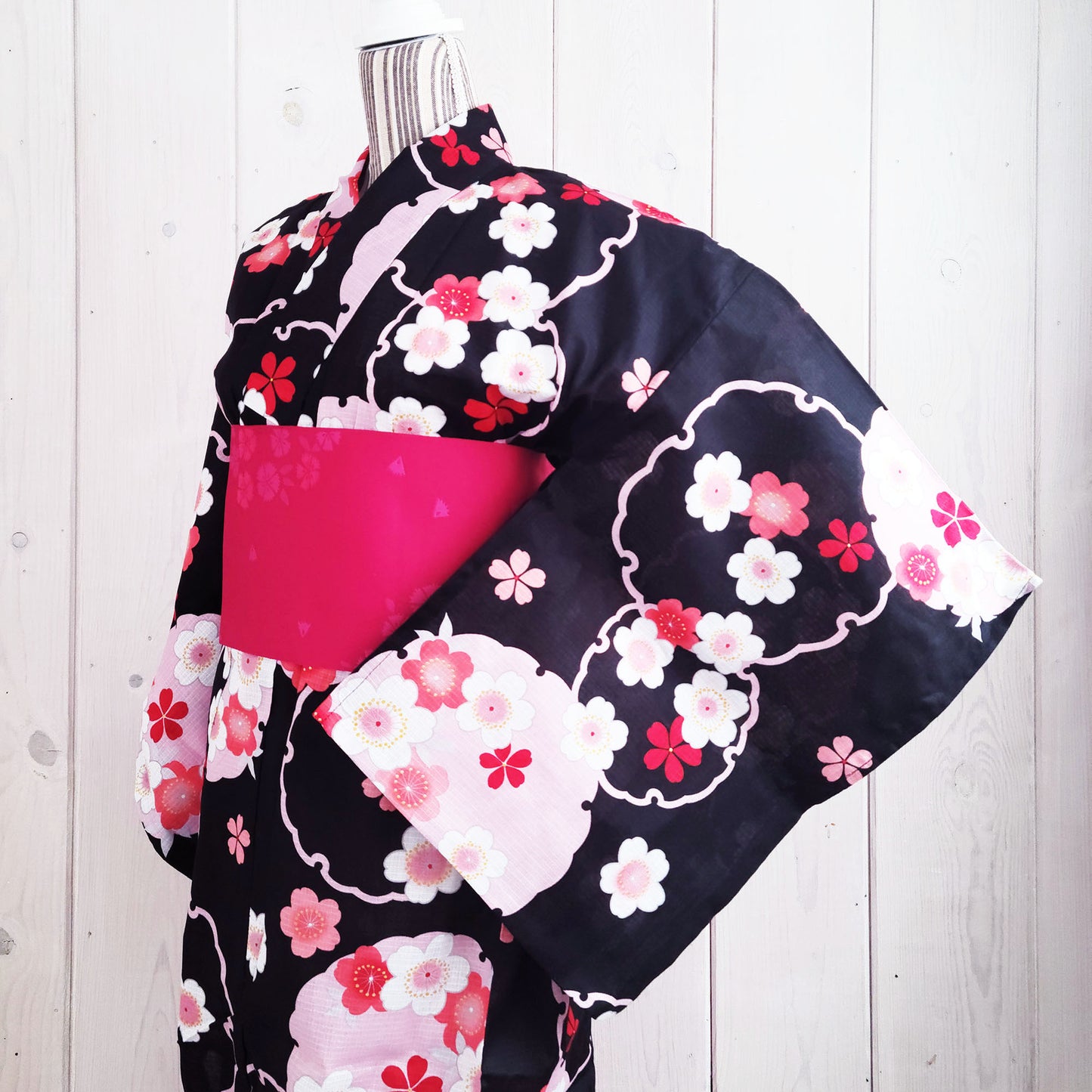 Women's Japanese Traditional Yukata Kimono - Plum Blossoms in Black