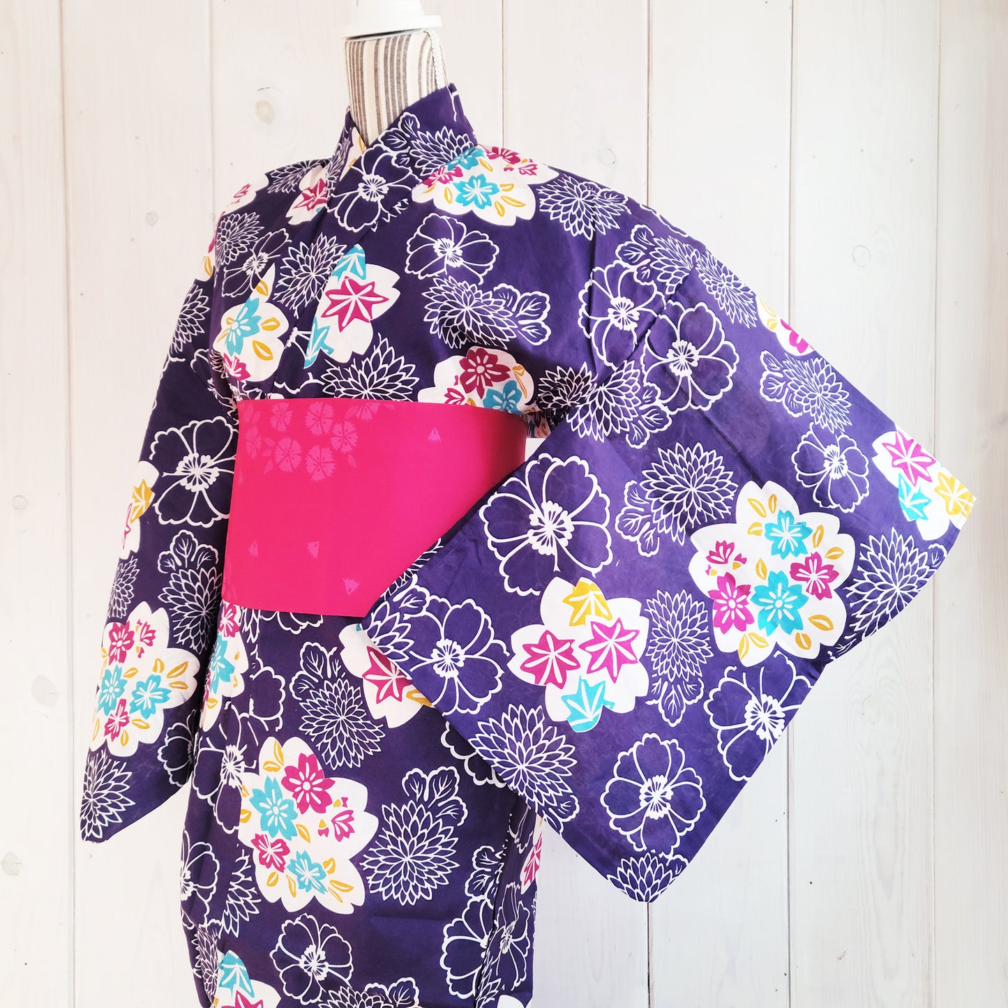 Women's Japanese Yukata Kimono - Various Japanese Flowers in Purple