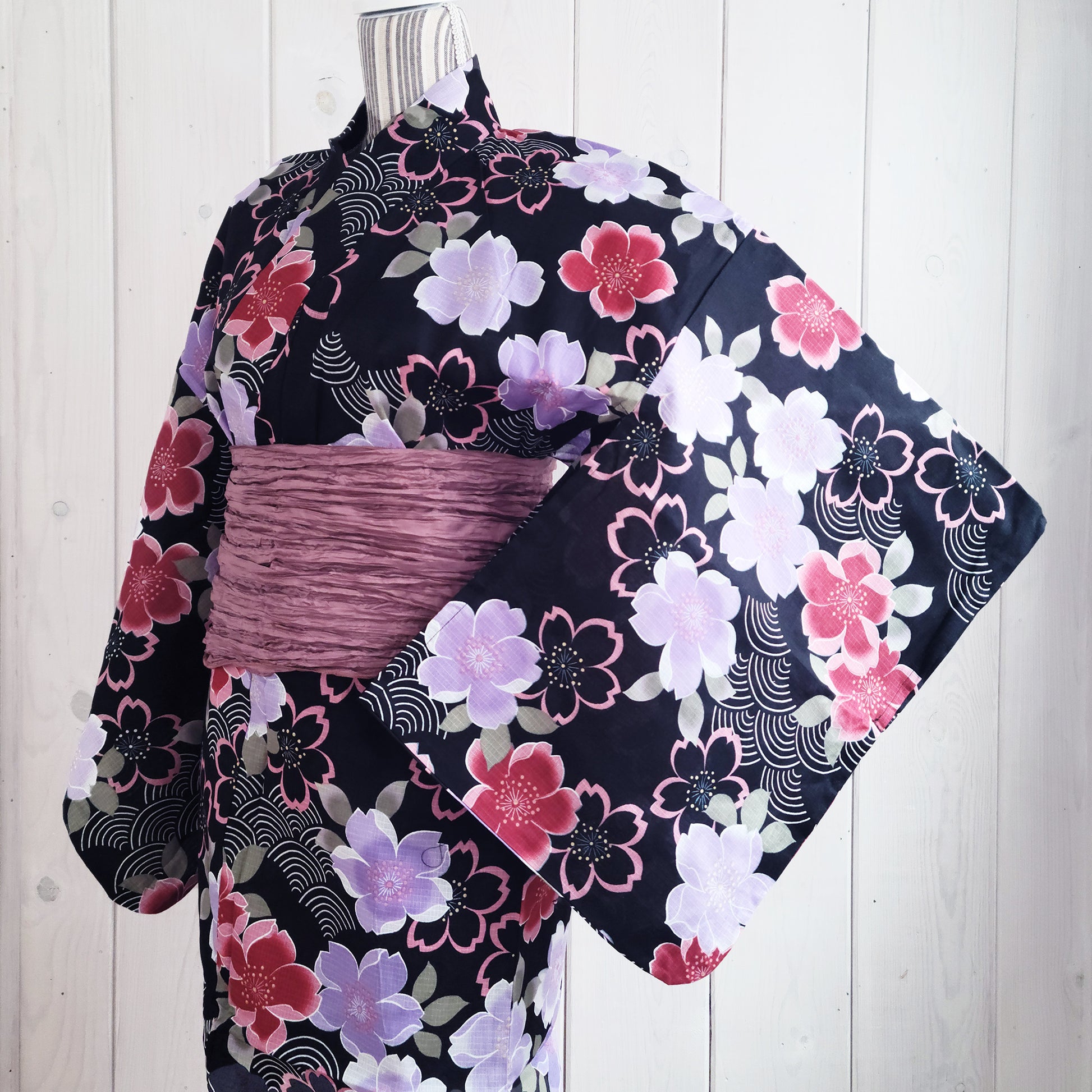 Women's Japanese Yukata Kimono -  Red and Purple Cherry Blossoms in Black