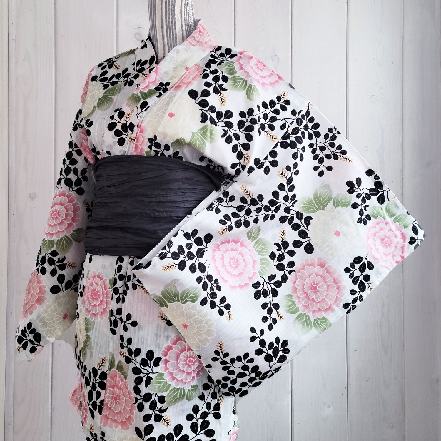 Women's Japanese Yukata Kimono - Pink and Yellow Peonies in White