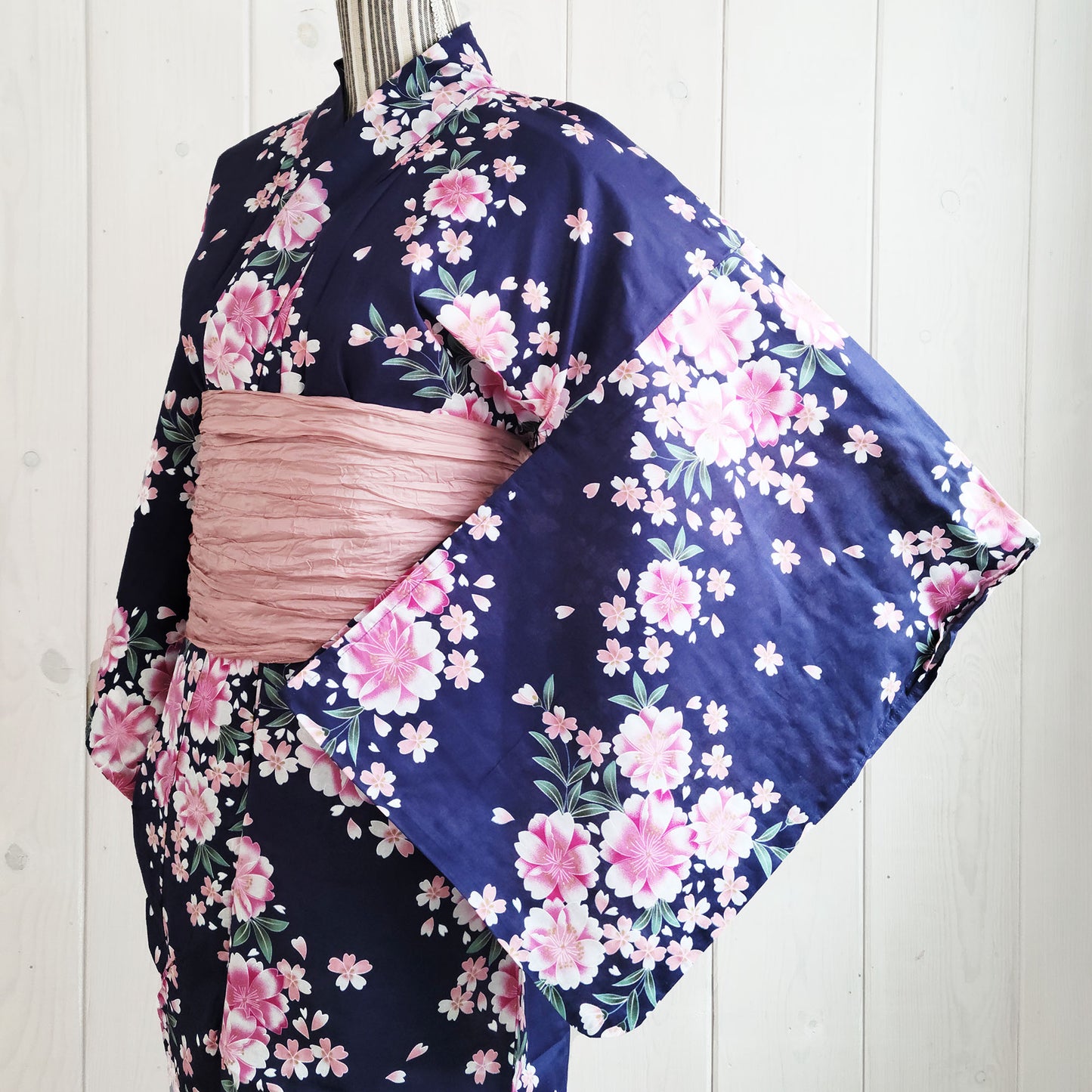 Women's Japanese Traditional Yukata Kimono - Pink Cherry Blossoms in Dark Blue