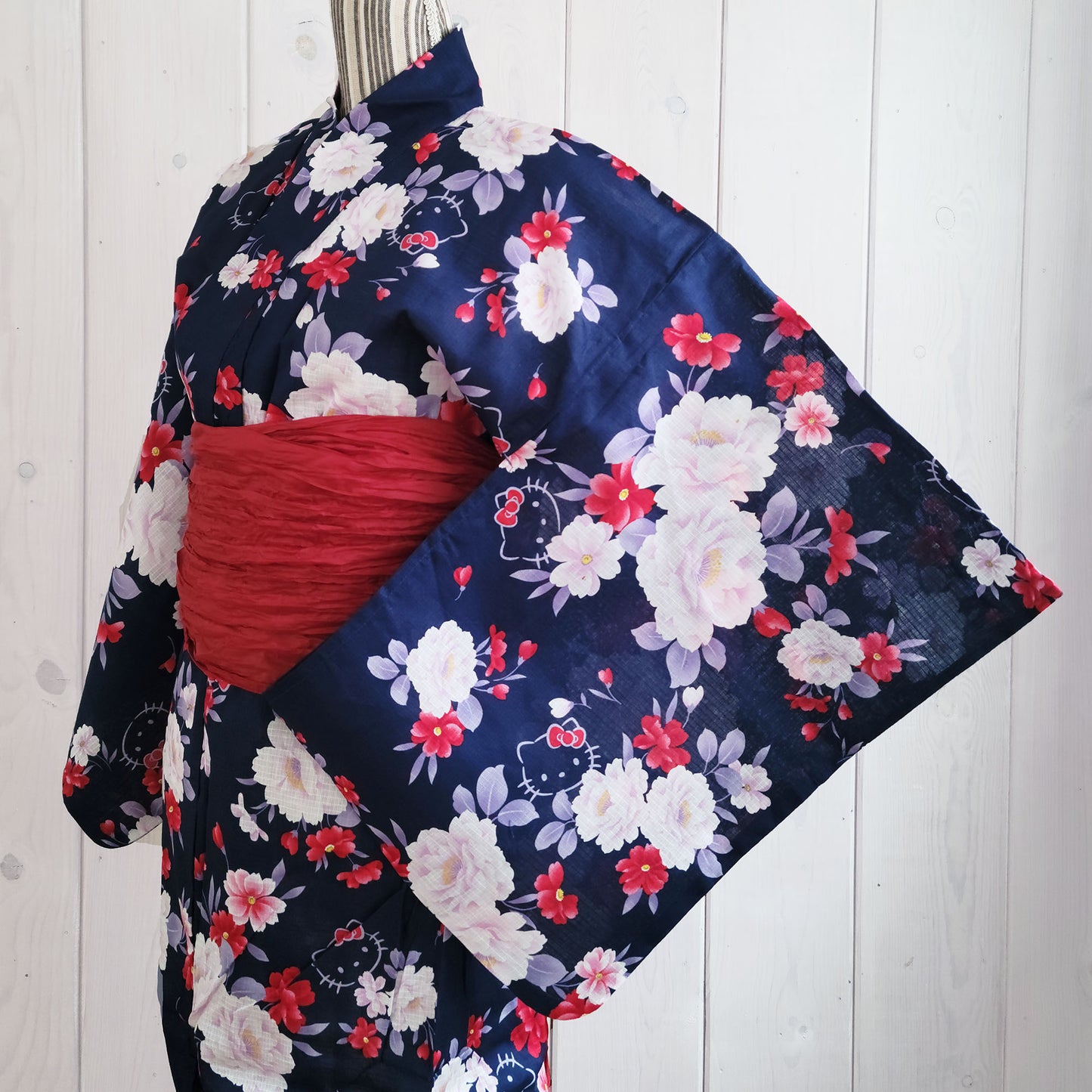 Women's Japanese Traditional Yukata Kimono - Hello Kitty and Peonies in Dark Blue