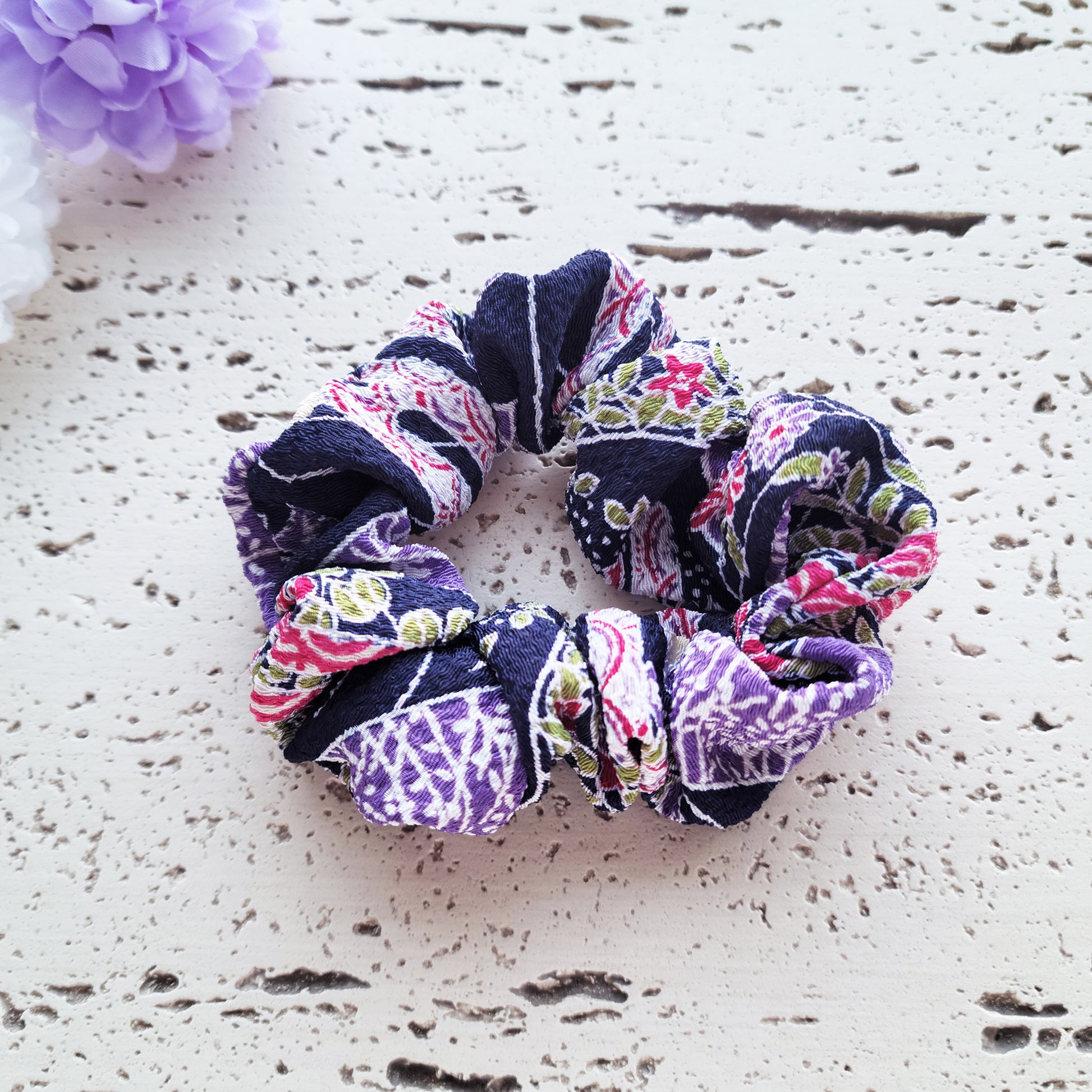 Japanese Fabric Scrunchie - Japanese Flowers in Black/Purple