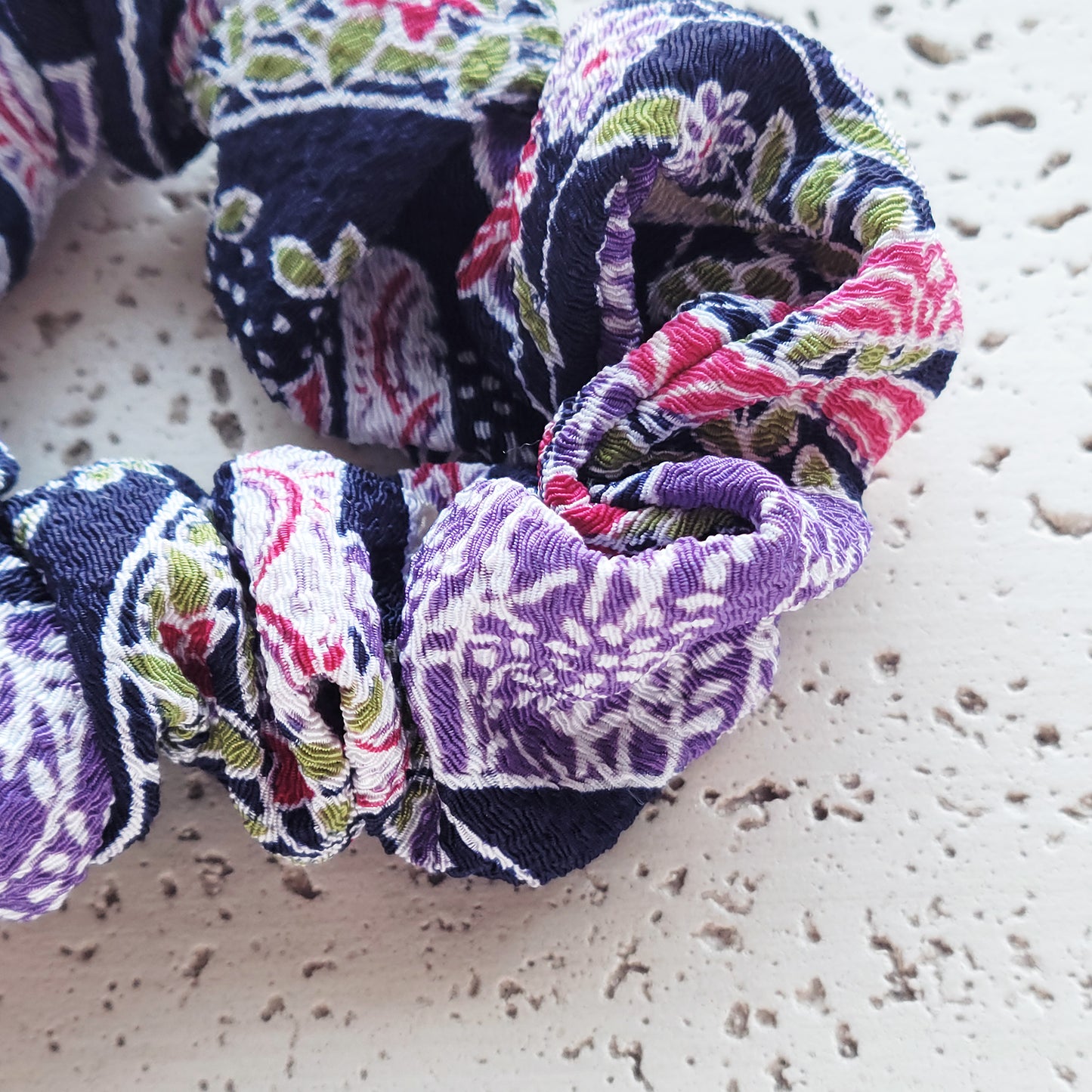 Japanese Fabric Scrunchie - Japanese Flowers in Black/Purple