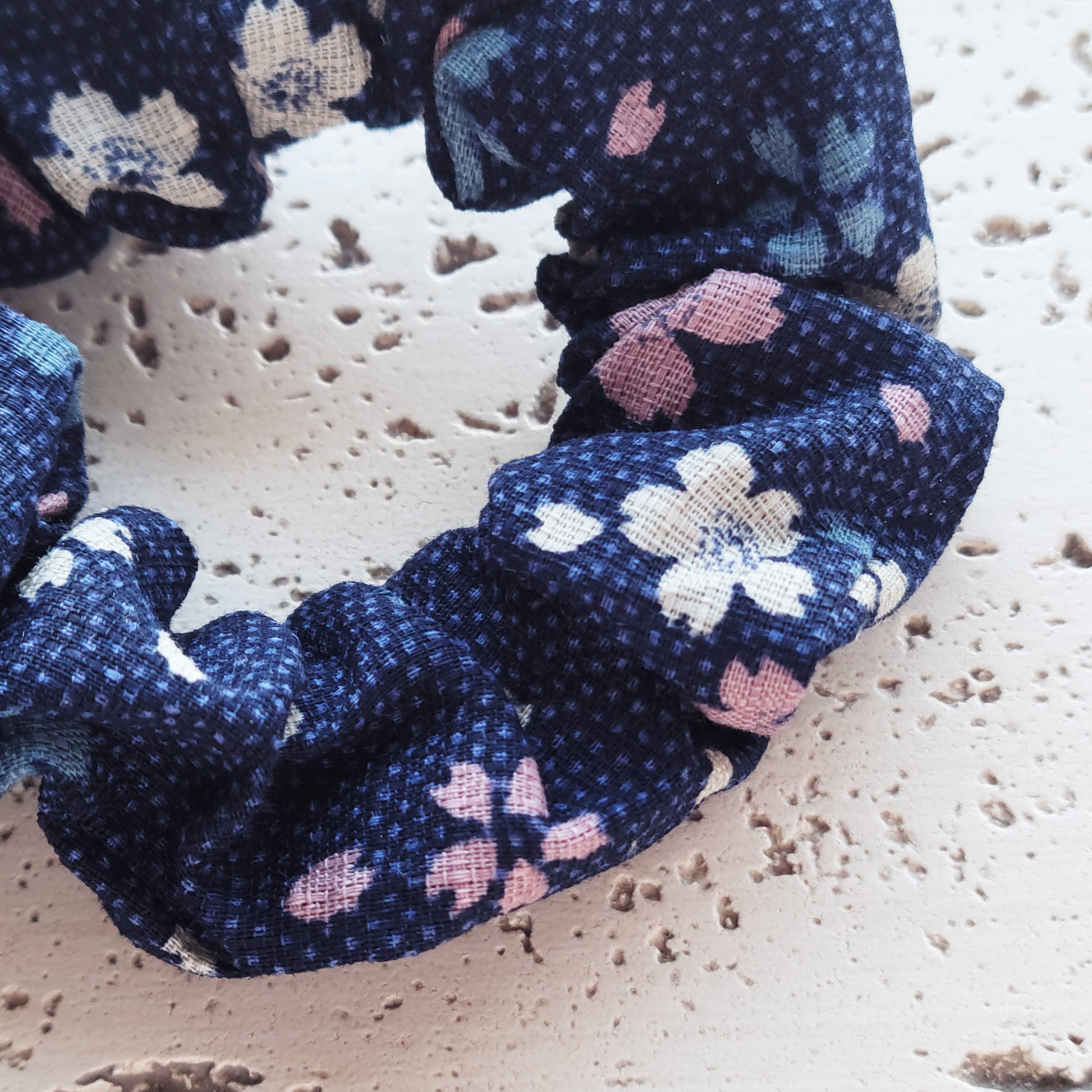 Japanese Fabric Scrunchie - Cherry Blossoms in Blue