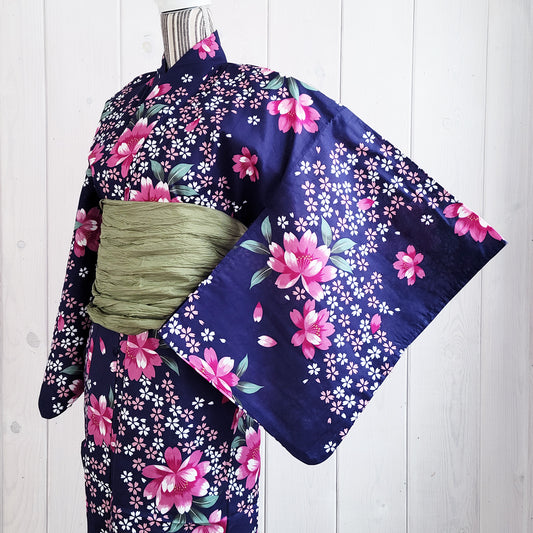 Women's Japanese Yukata Kimono -  Pink Cherry Blossoms in Navy