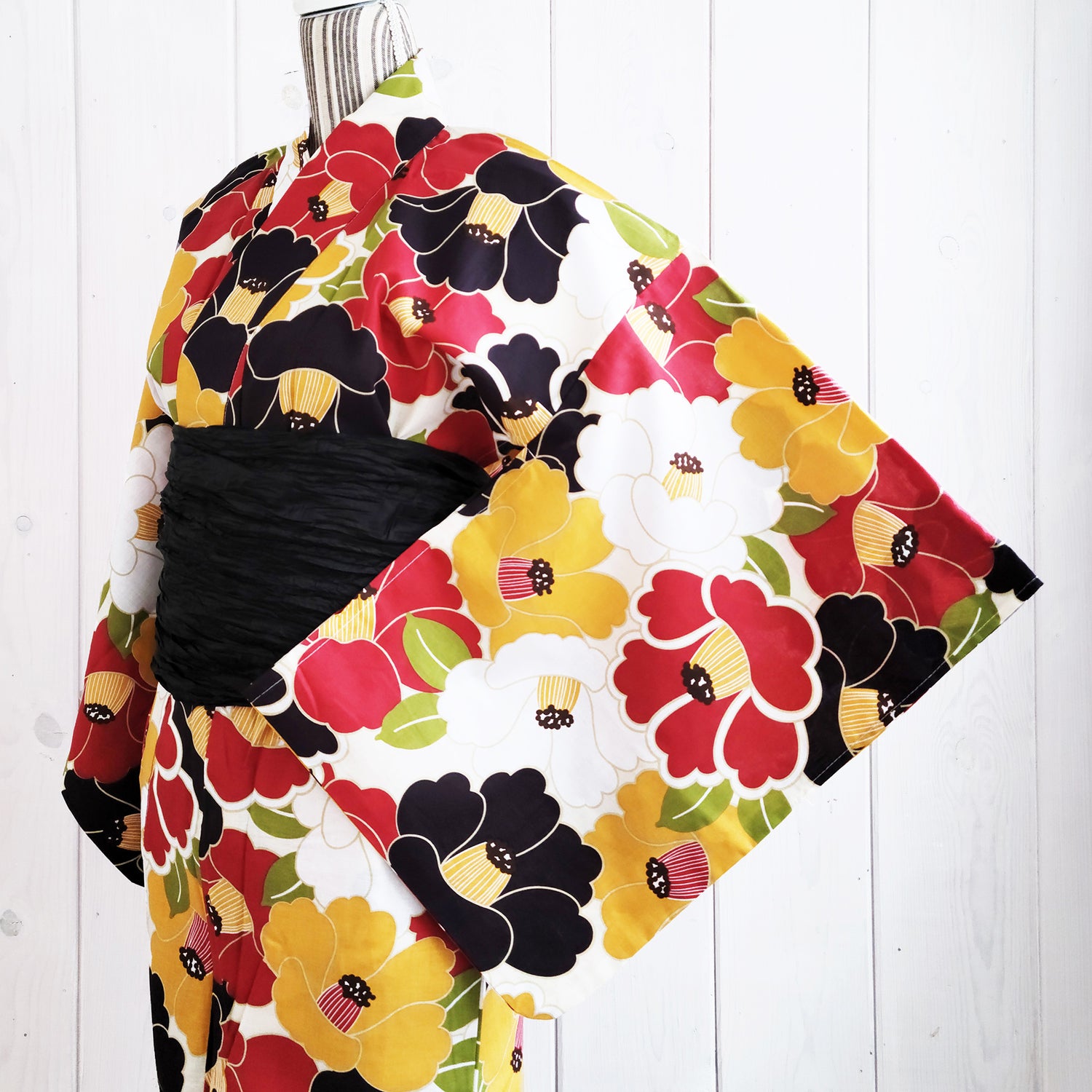 Women's Japanese Yukata Kimono -  Black, Red, Yellow, White Camellias