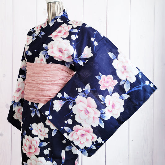 Women's Japanese Yukata Kimono - Pink Peonies in Blue