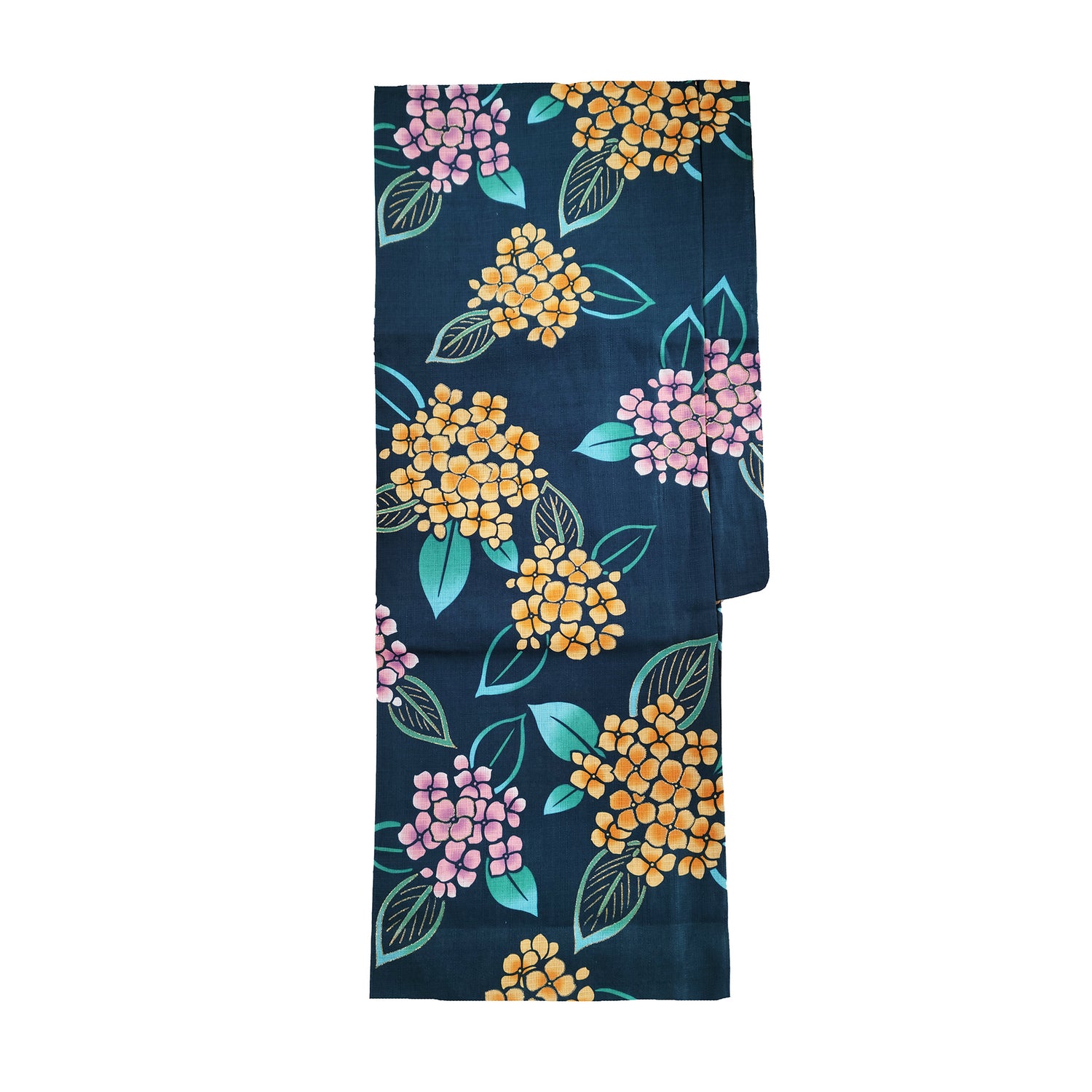 Women's Japanese Yukata Kimono - Yellow and Pink Hydrangea in Green