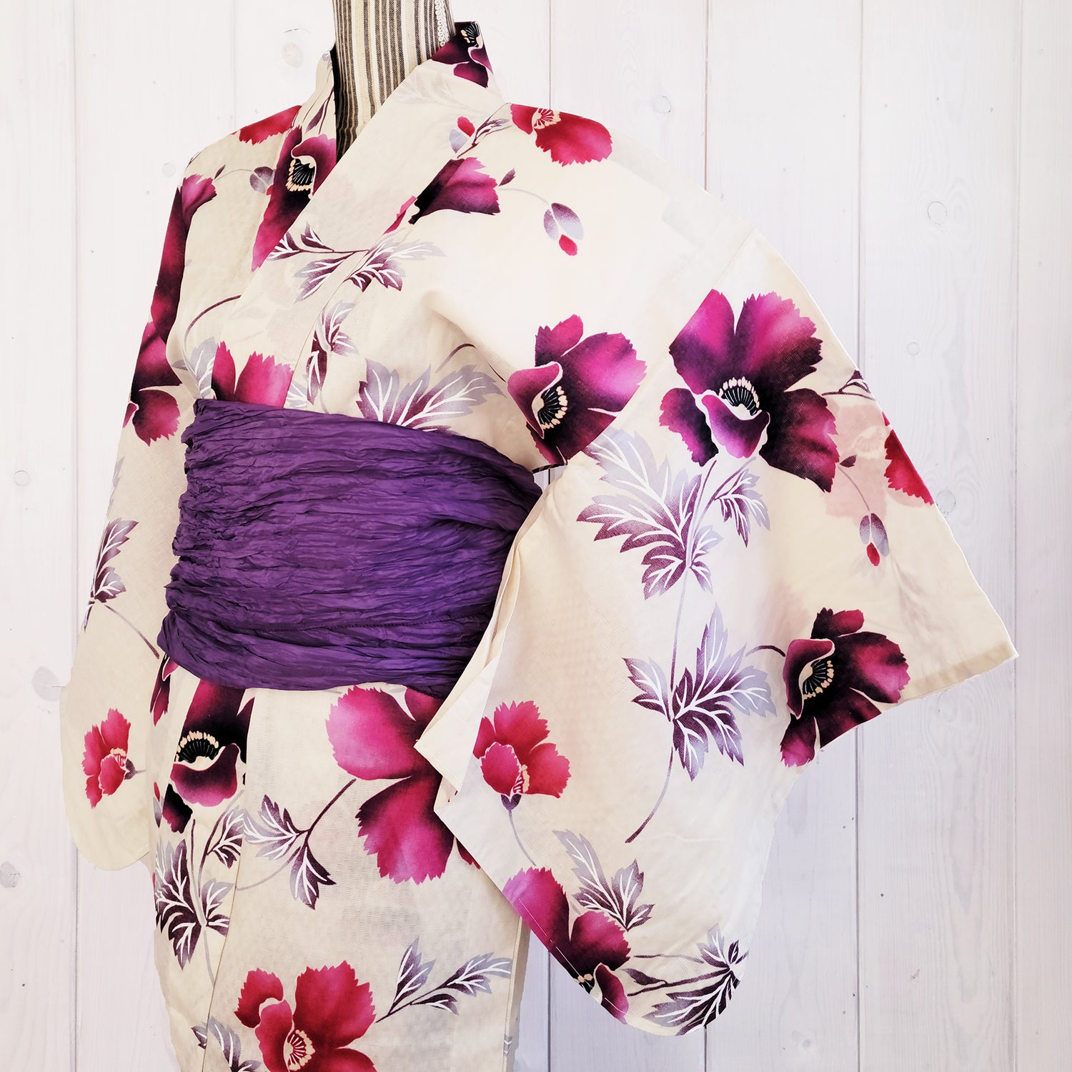 Women's Japanese Yukata Kimono - Purple and Pink Flowers in Beige