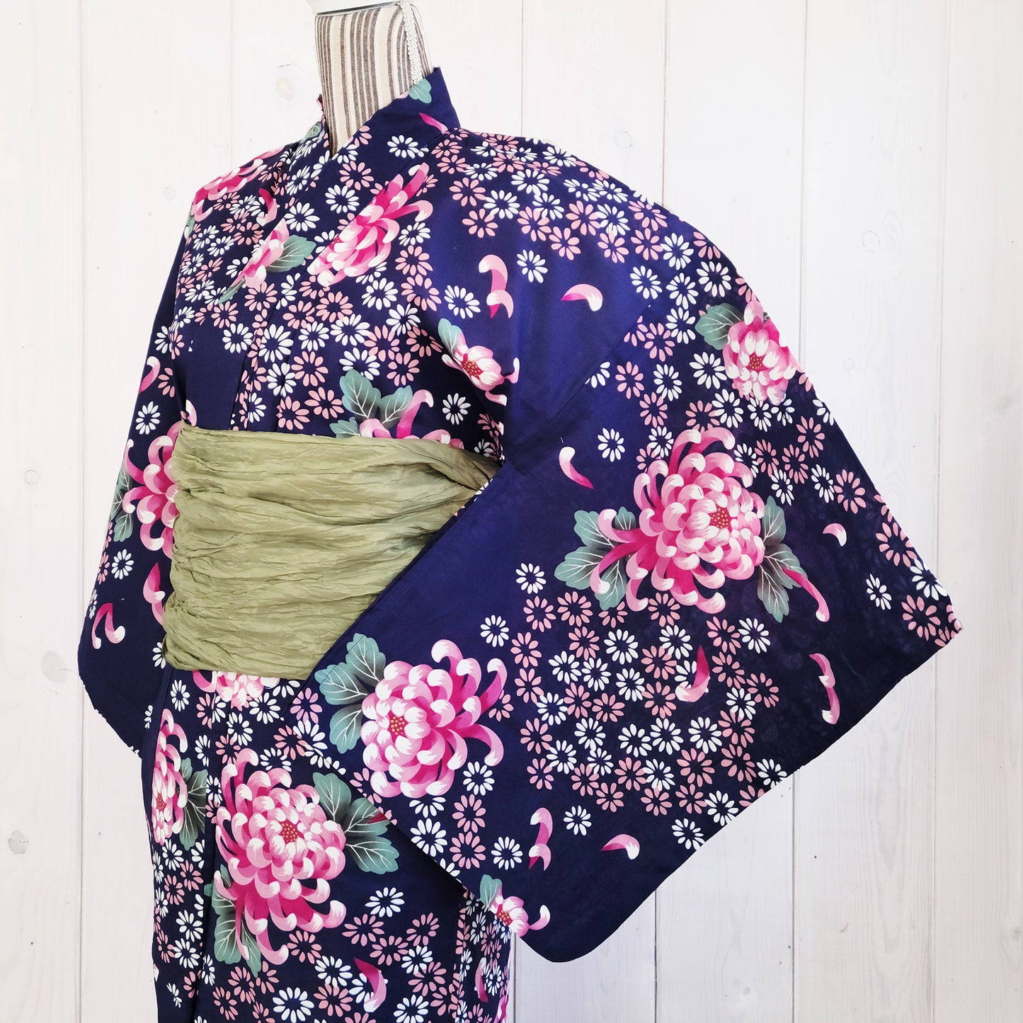 Women's Japanese Yukata Kimono - Pink Chrysanthemum in Blue