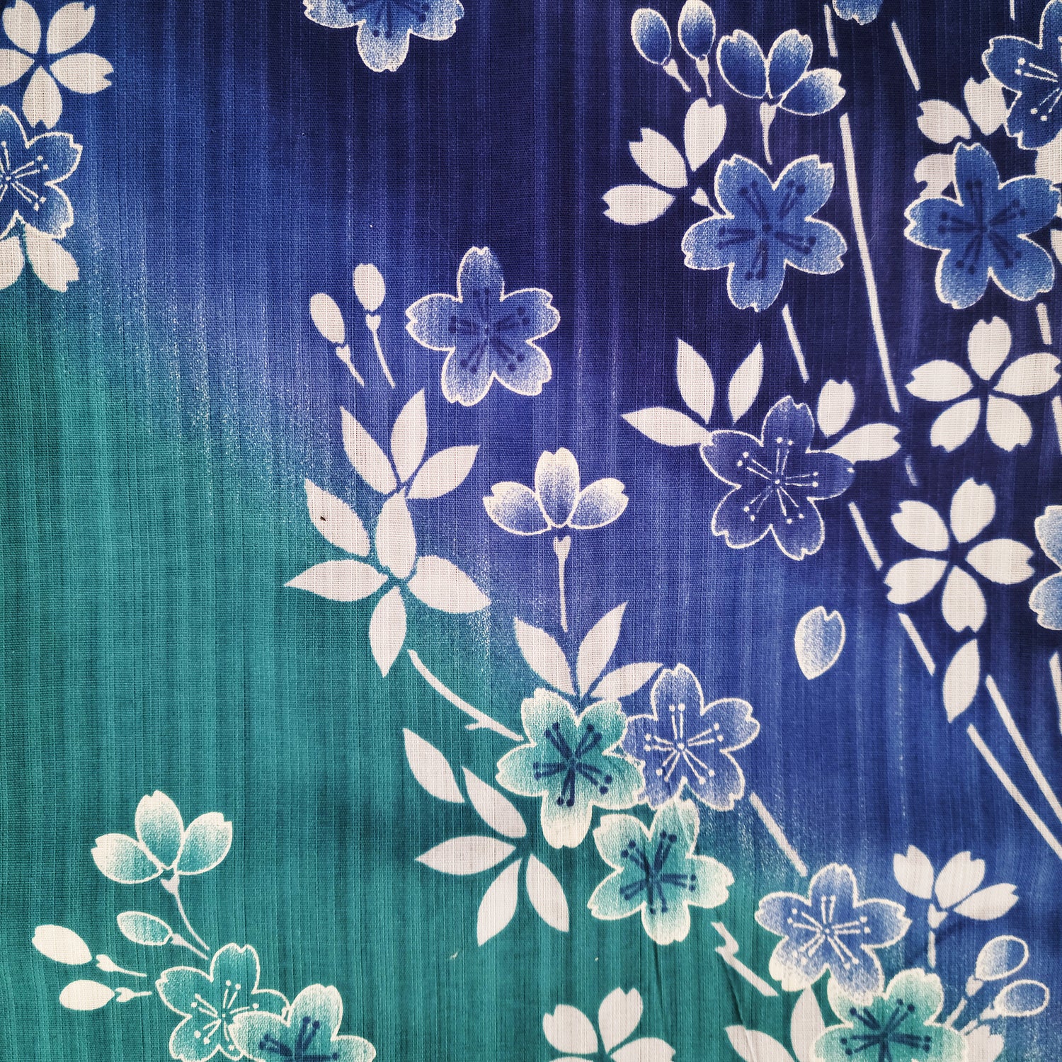 Women's Japanese Yukata Kimono - White Cherry Blossoms in Gradient Blue Green