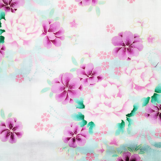Women's Japanese Yukata Kimono - Pink Peonies and Purple Cherry Blossoms in White