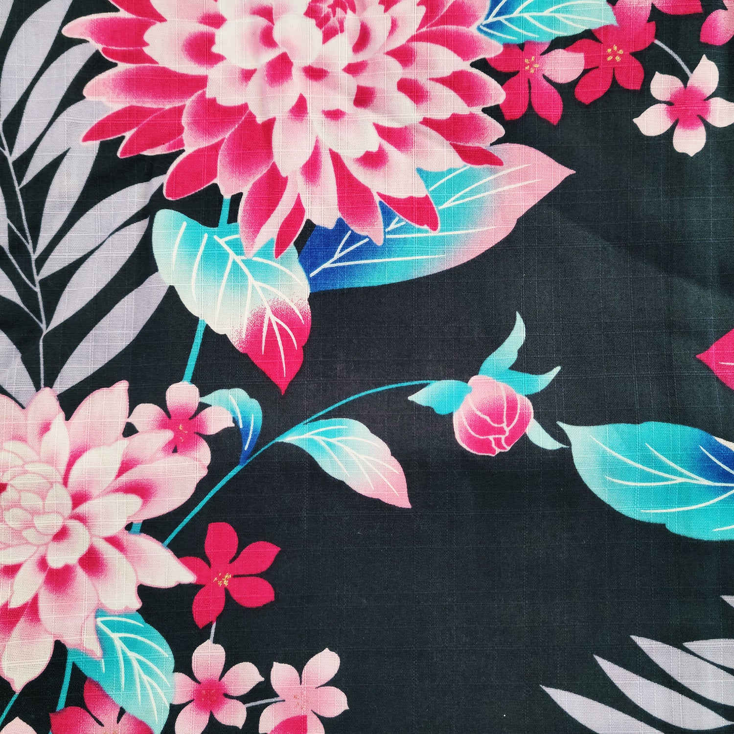 Women's Japanese Yukata Kimono - Pink Chrysanthemums and Flowers in Indigo Blue