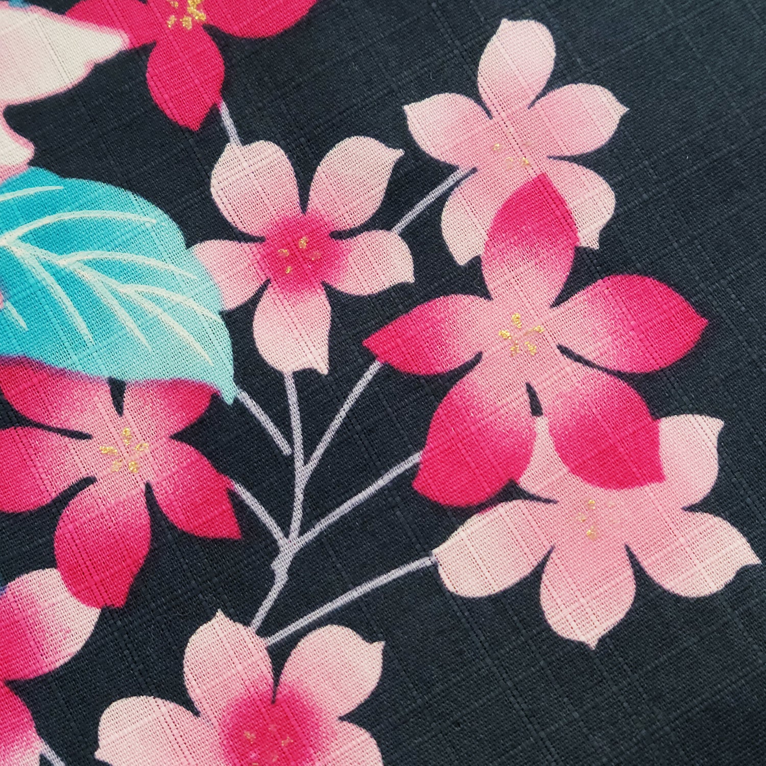 Women's Japanese Yukata Kimono - Pink Chrysanthemums and Flowers in Indigo Blue
