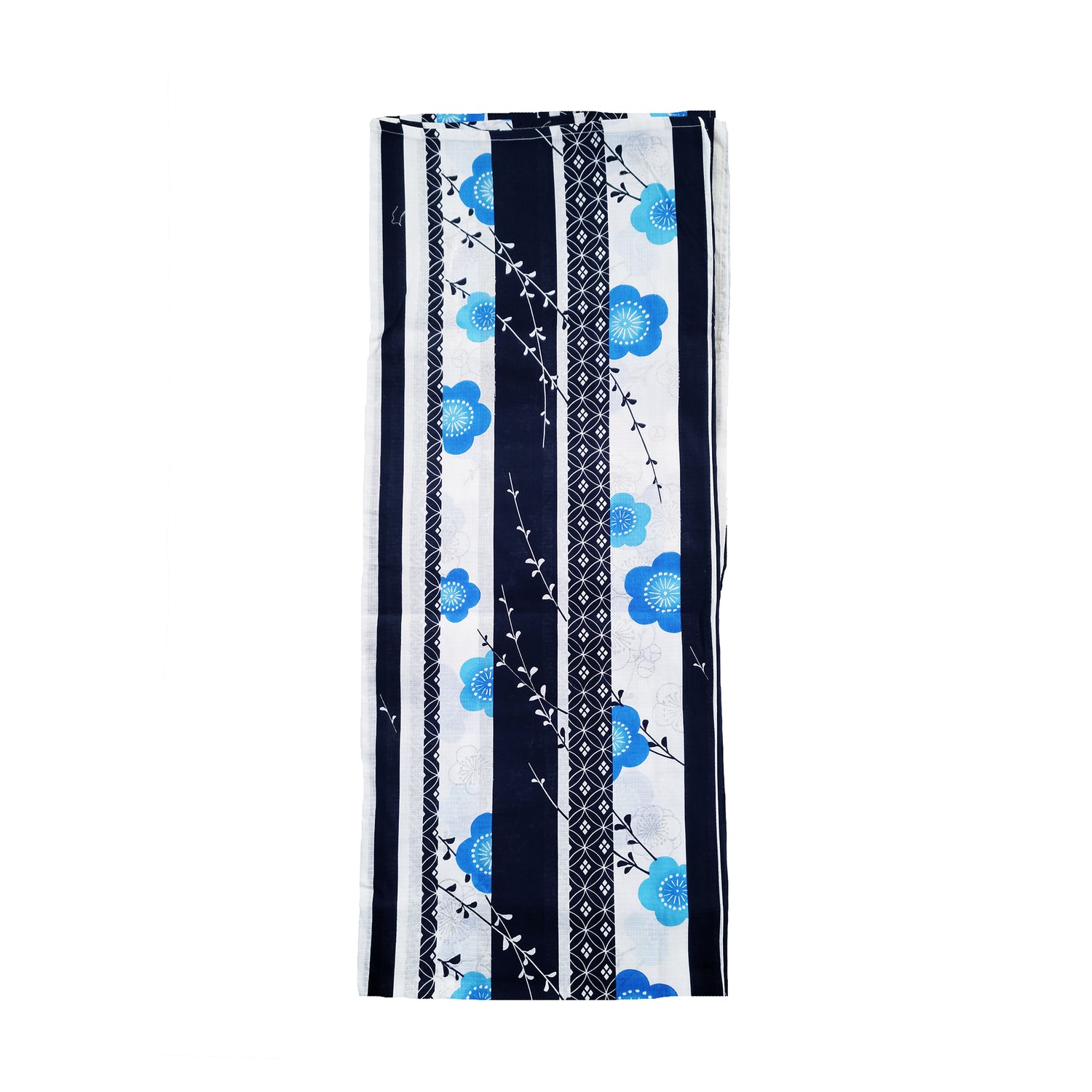 Women's Japanese Yukata Kimono - Blue Plum Blossoms in Black and White Stripes