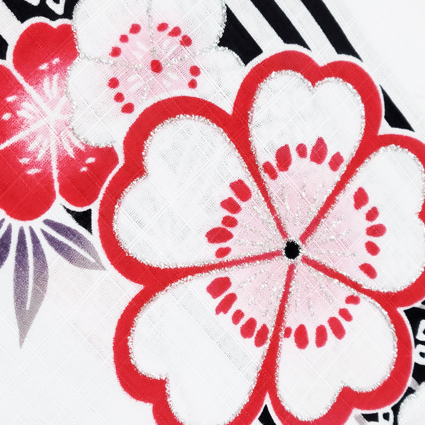Women's Japanese Yukata Kimono - Red Cherry Blossoms in Black and White Stripes