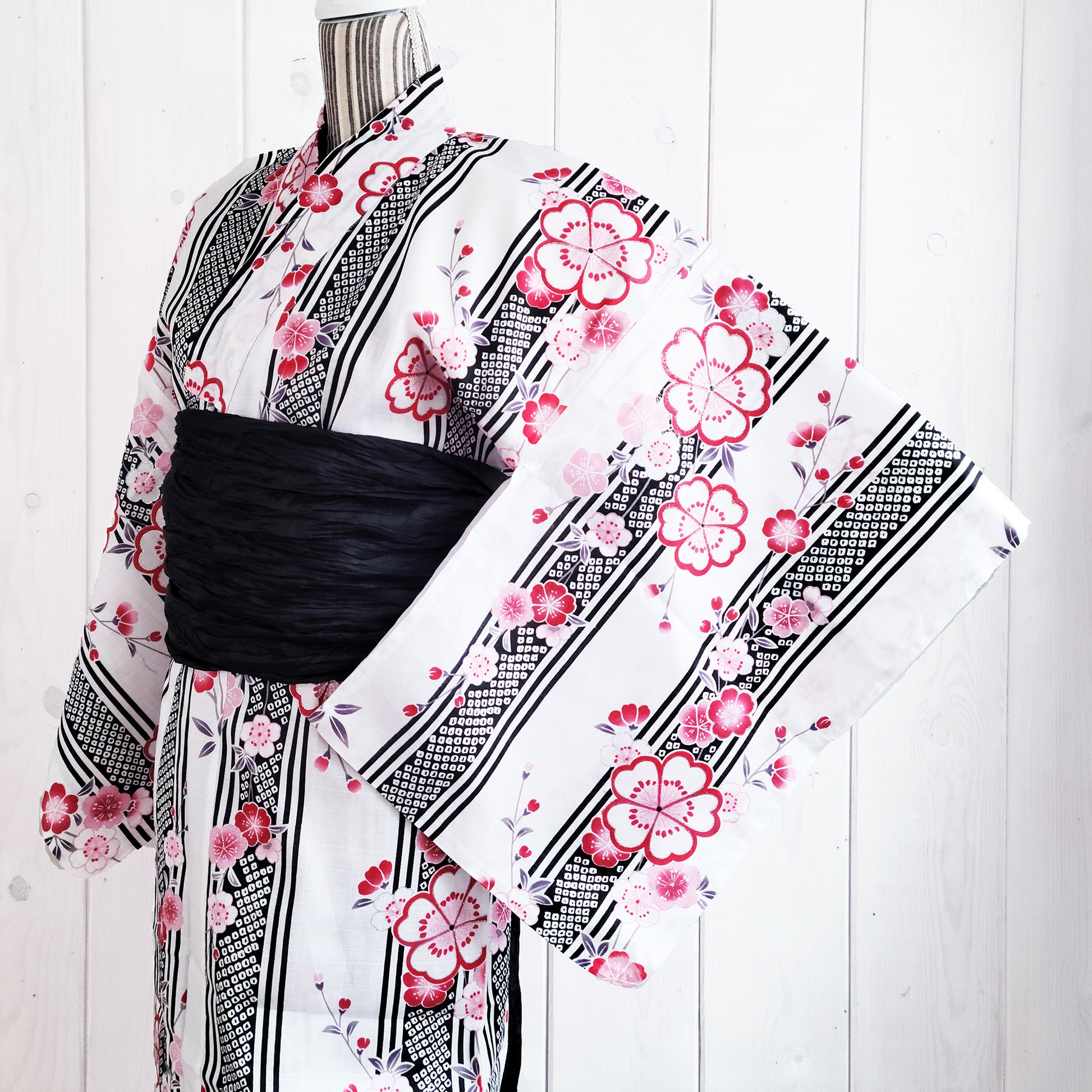 Women's Japanese Yukata Kimono - Red Cherry Blossoms in Black and White Stripes